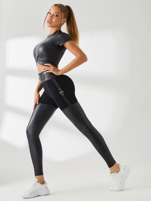 PU Glossy Metal Buttons Hip-lift Sportswear