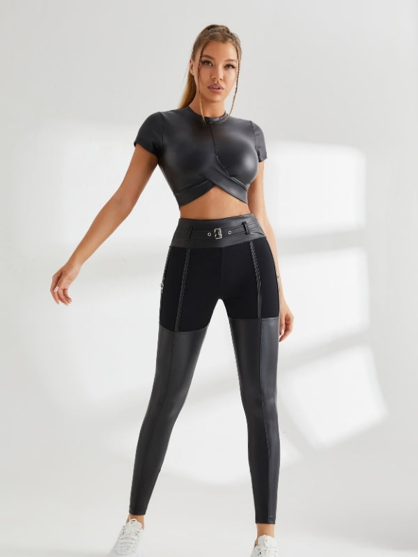 PU Glossy Metal Buttons Hip-lift Sportswear