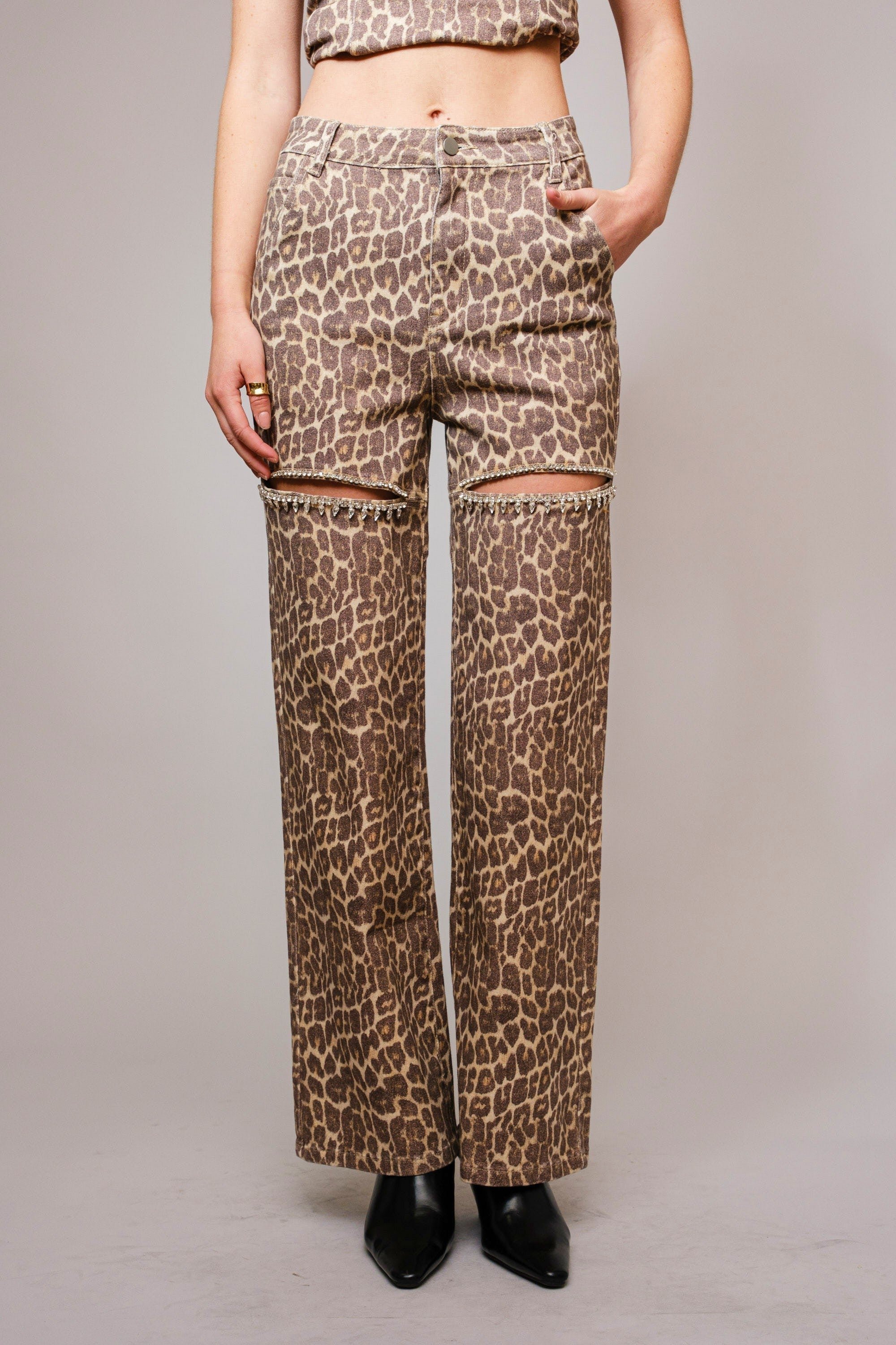 Swift Leopard Rhinestone Cut Out Jeans