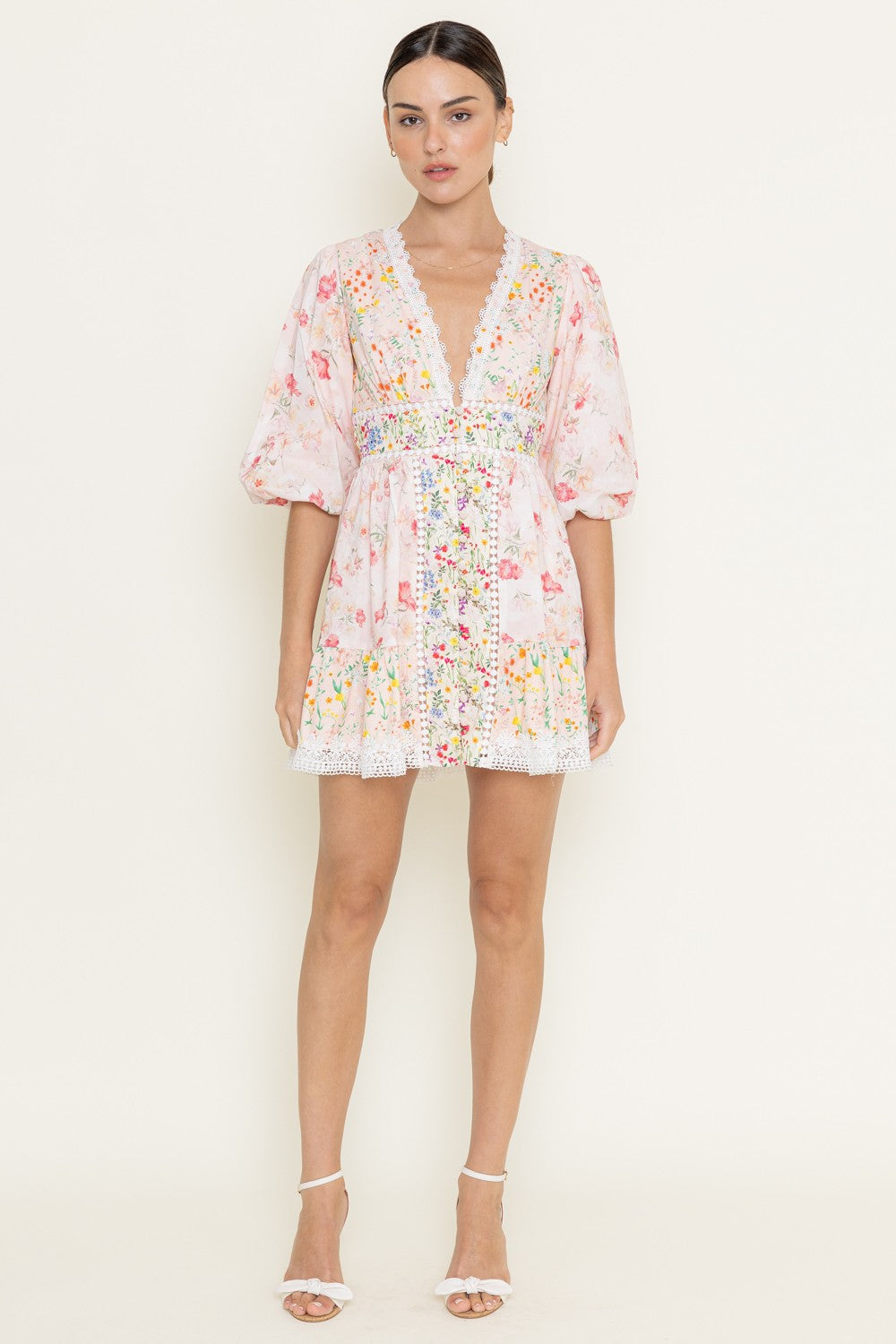 Pink Floral Print Crochet Hem Mini Dress