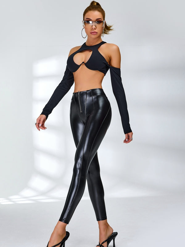 Fly-Eye Faux Leather Push-Up Zipper Hip-lift Hollow Out Breathable Tracksuit