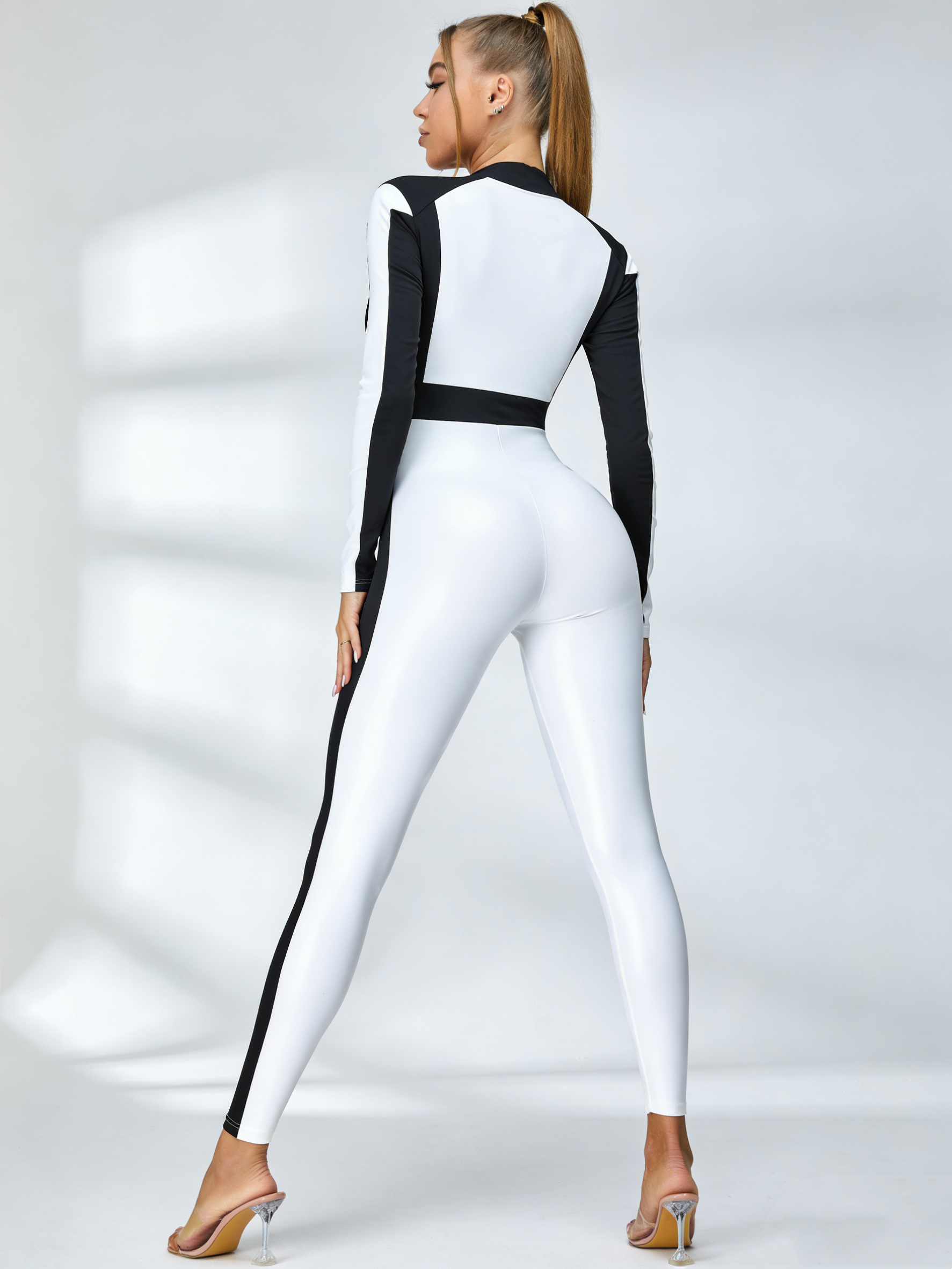 "SciFi Heroine" Zipper Contrast Color PU Short Romper