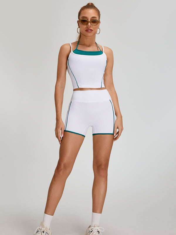 Contrast Color Pocket Backless Short Tracksuit