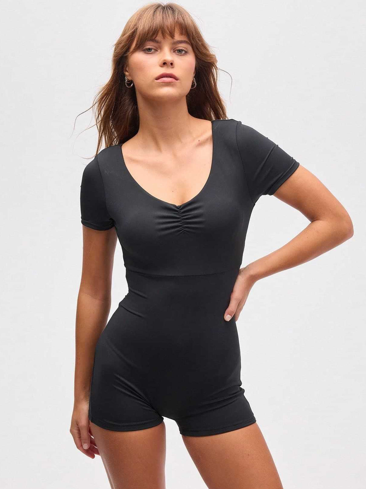 Backless Folds V-neck Short Sleeves Romper