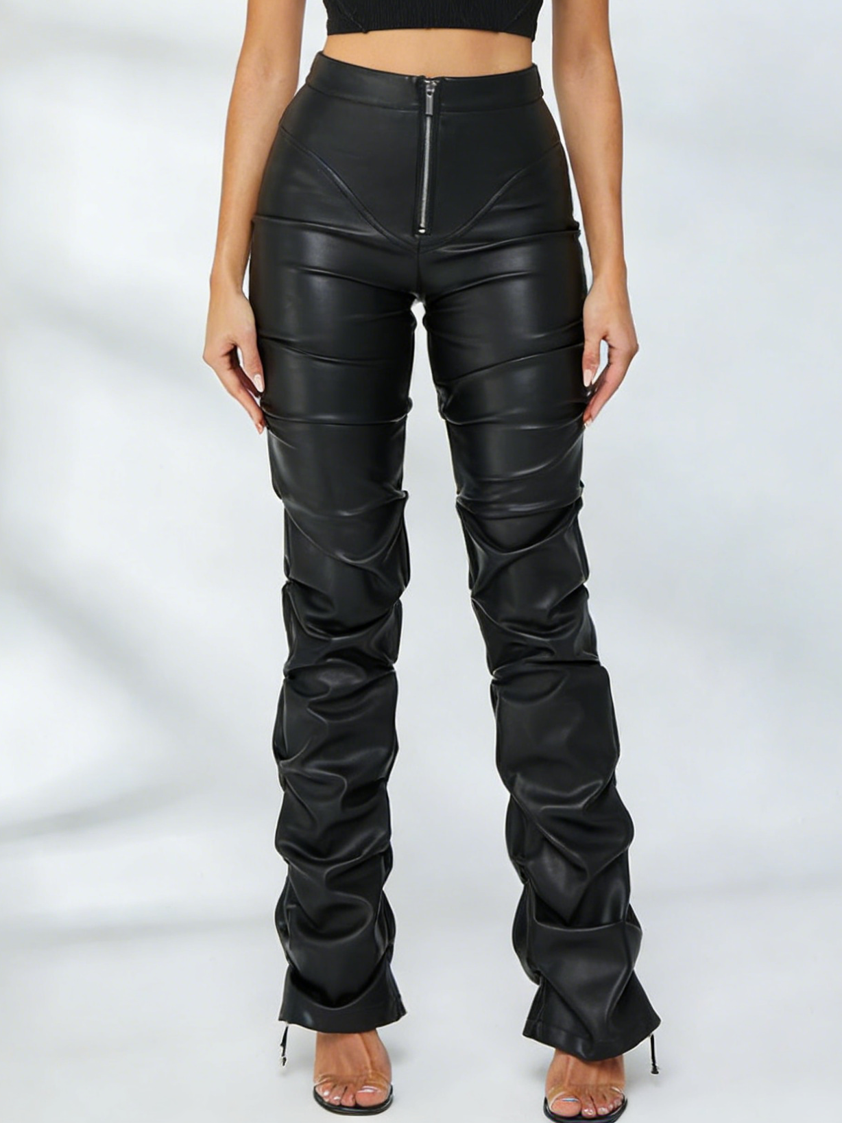 Faux Leather Folds Zipper Fashion Leggings