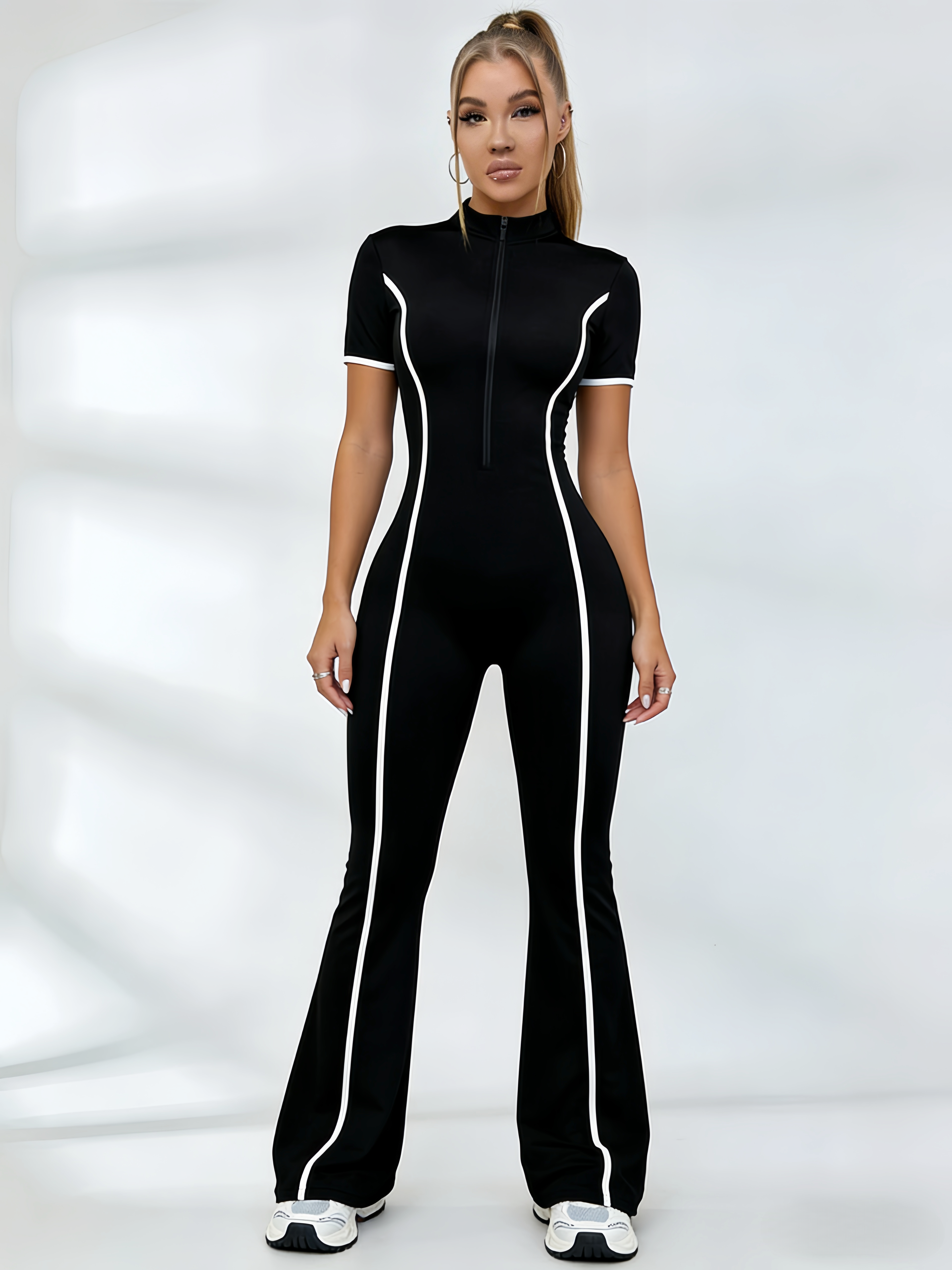 Contrast Color Stripes Zipper Jumpsuit