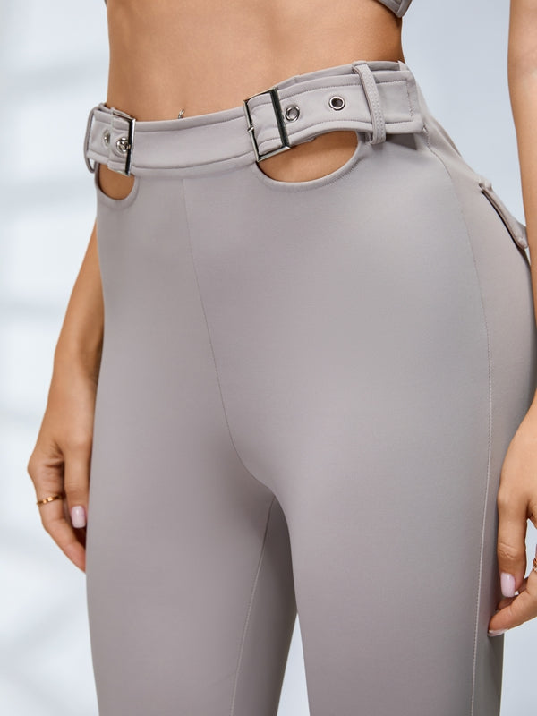 Button Cutout Cargo Style Flare Design Leggings