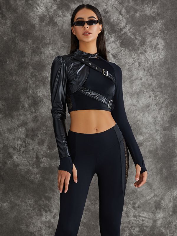 PU Net Thumbholes High-rise Hip-lift Leggings