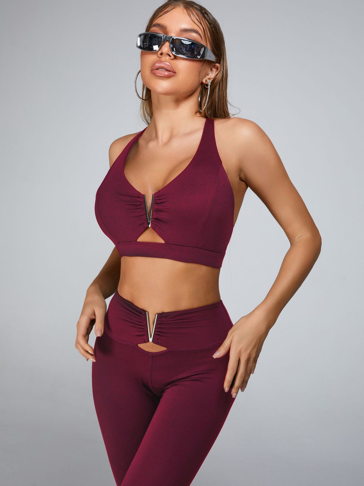 Cutout V Shape Metal Sports Bras
