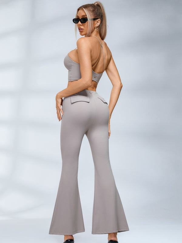 Button Cutout Cargo Style Flare Design Leggings