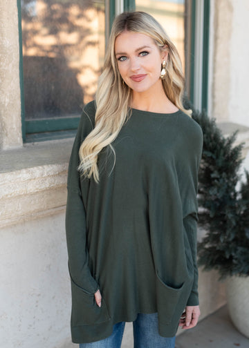 Aria Dark Green Pocket Sweater