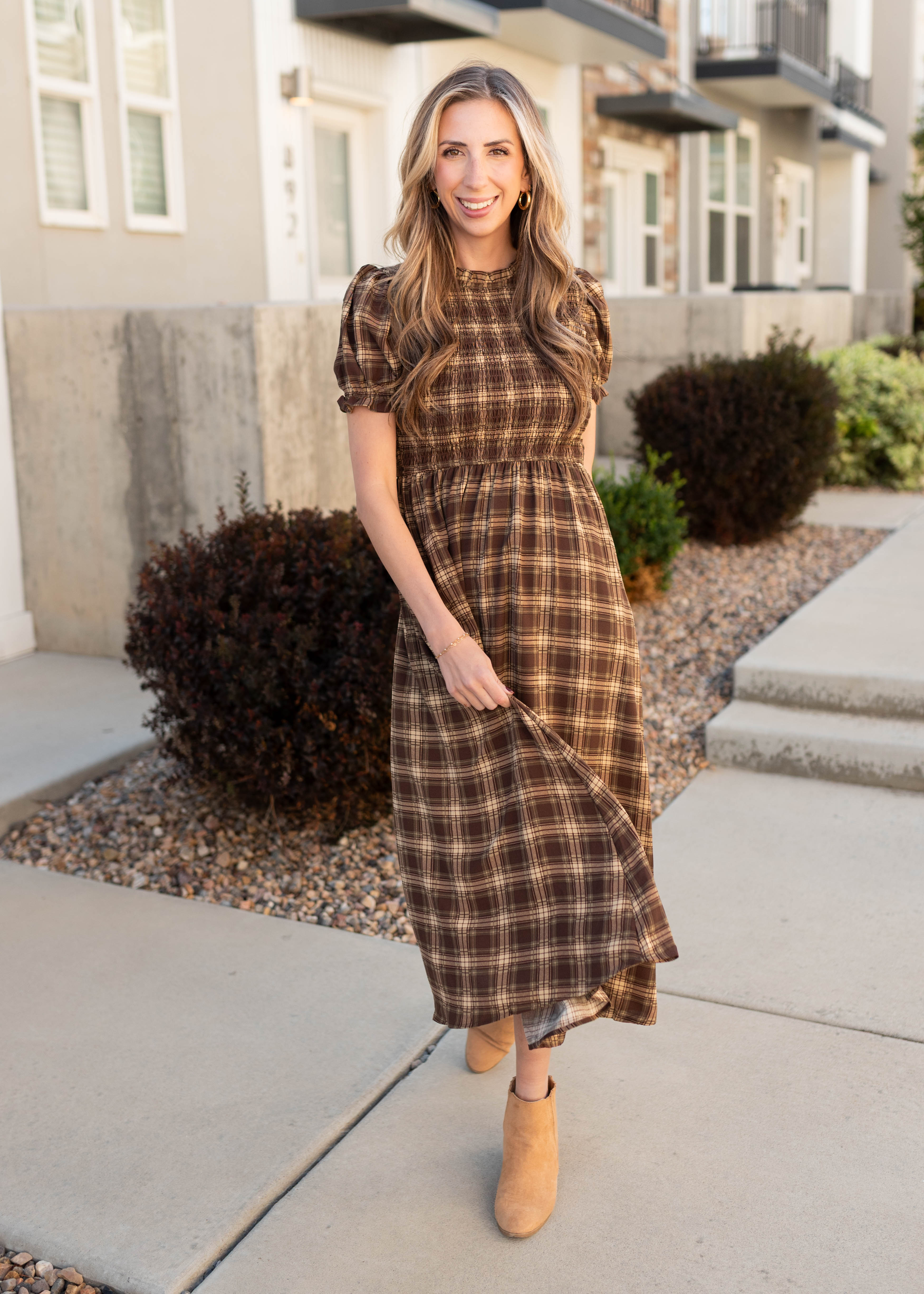Aryah Brown Gingham Smocked Dress