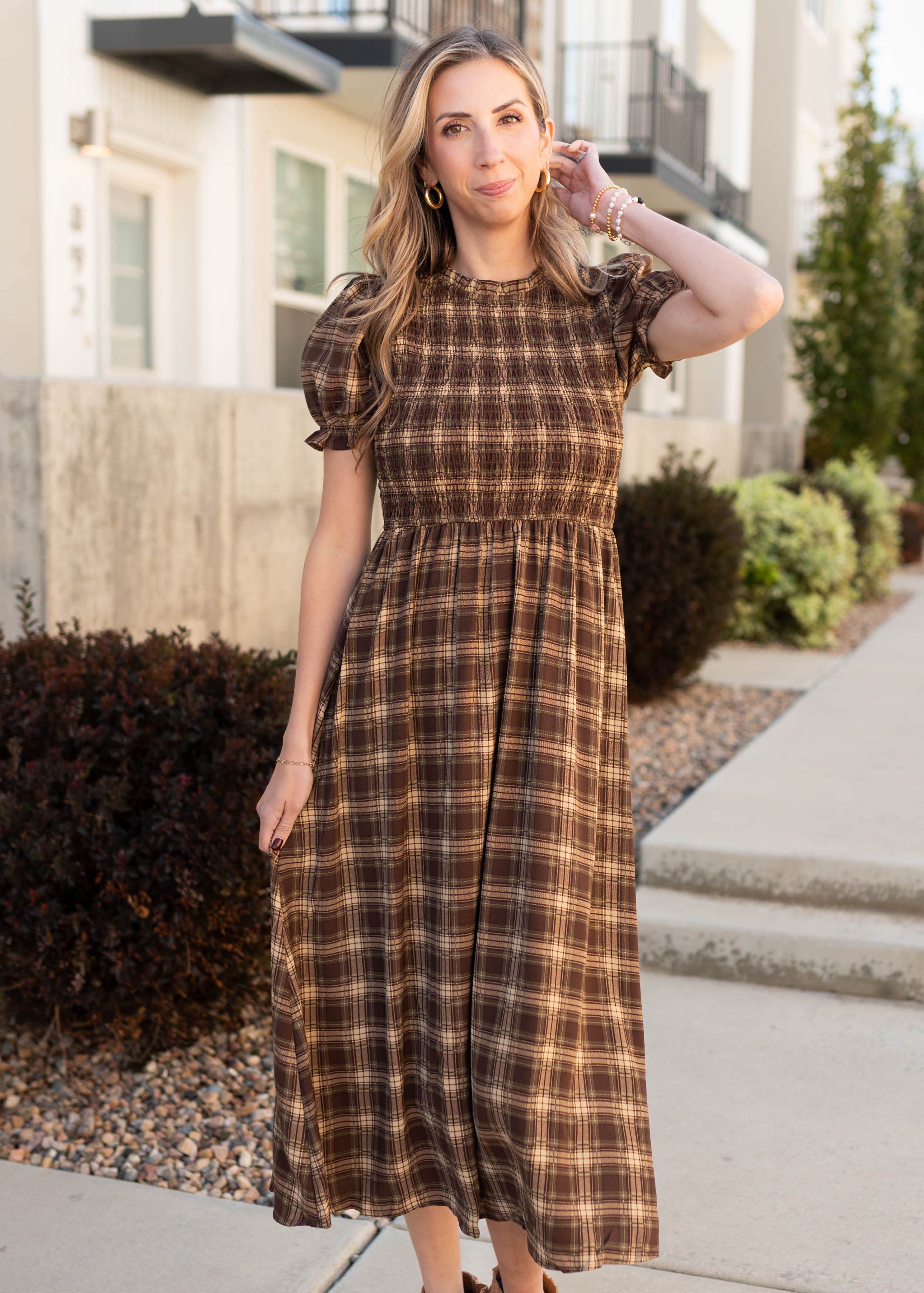 Aryah Brown Gingham Smocked Dress