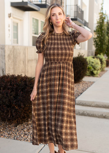 Aryah Brown Gingham Smocked Dress