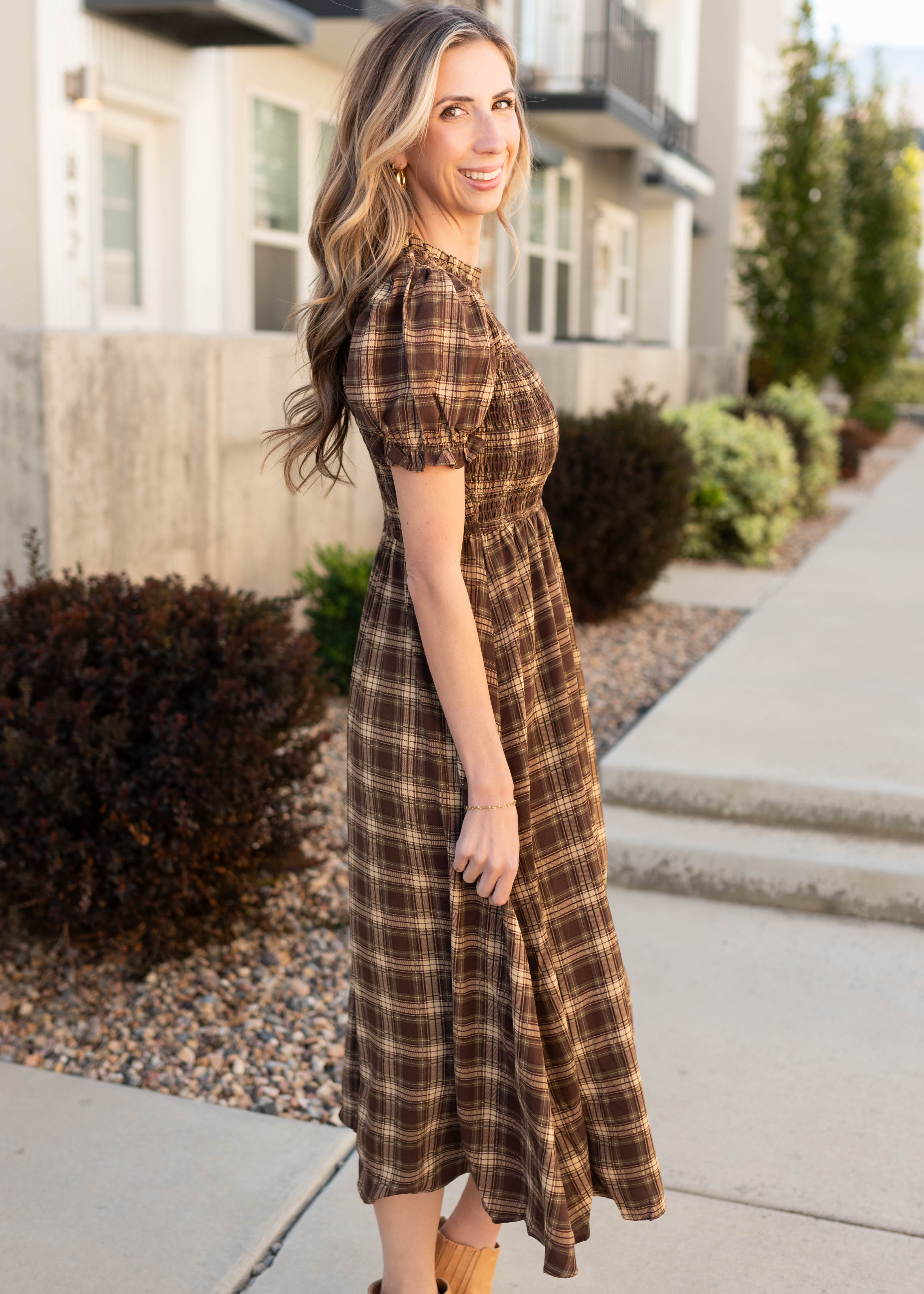 Aryah Brown Gingham Smocked Dress