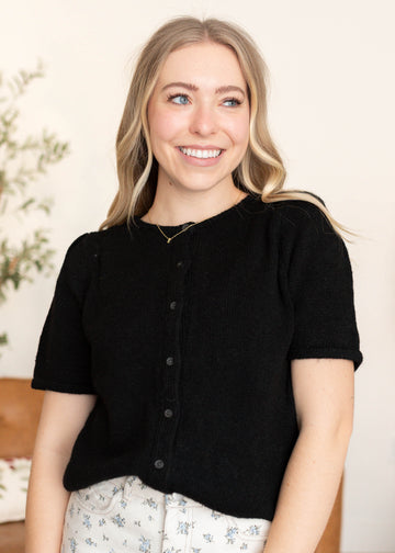 Ashley Black Puff Sleeve Cardigan