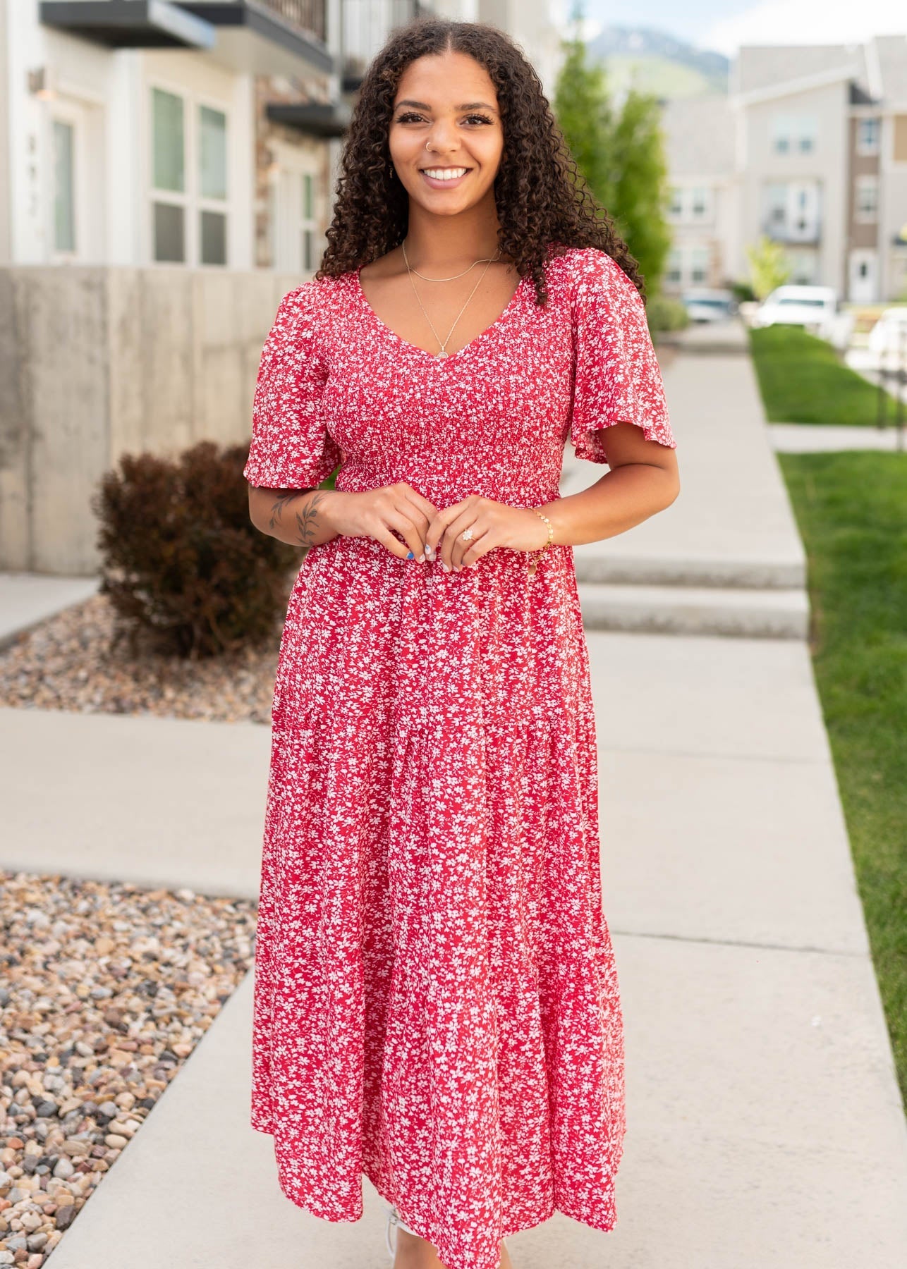 Aylin Red Floral Tiered Dress