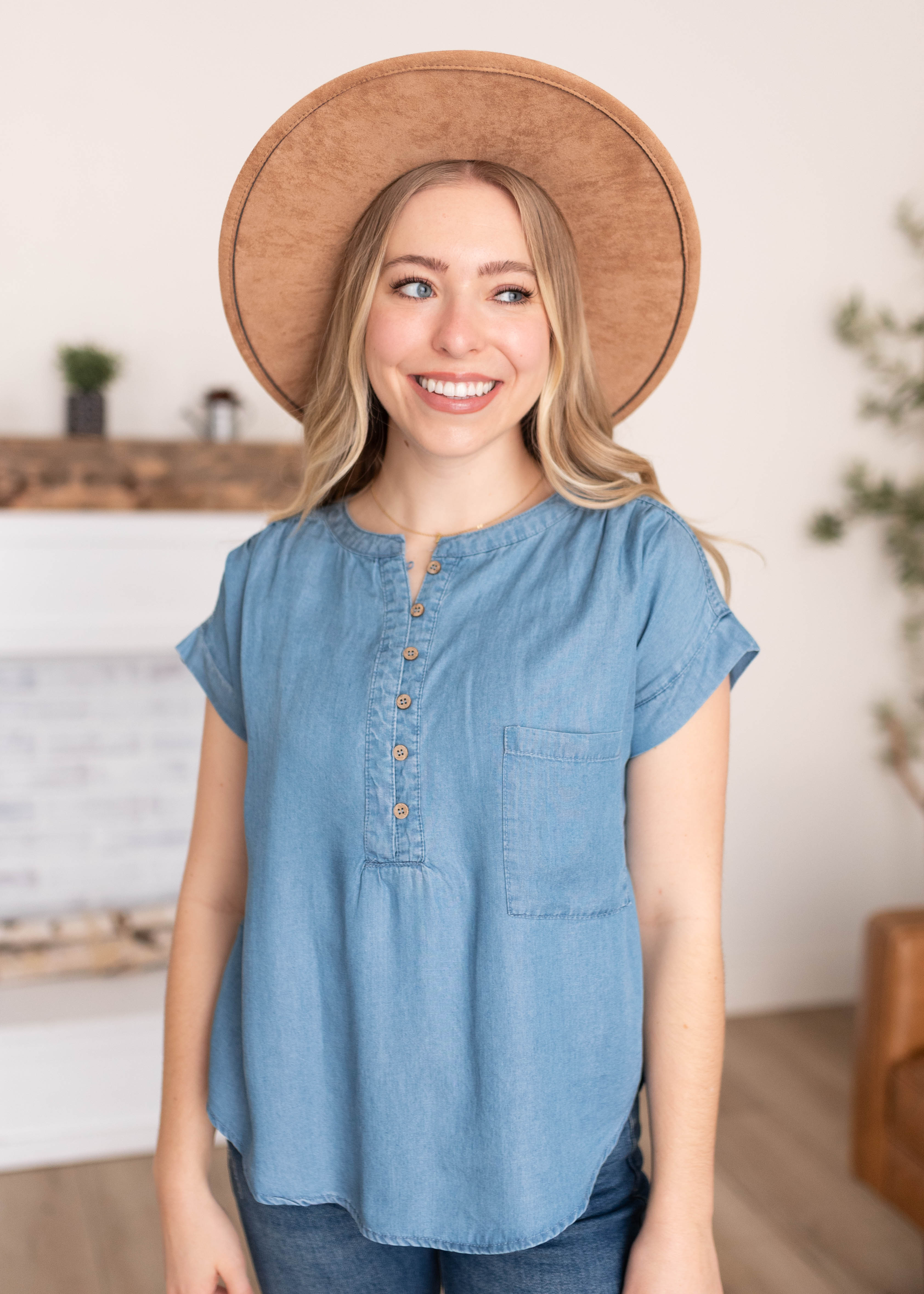 Brynlee Blue Chambray Top