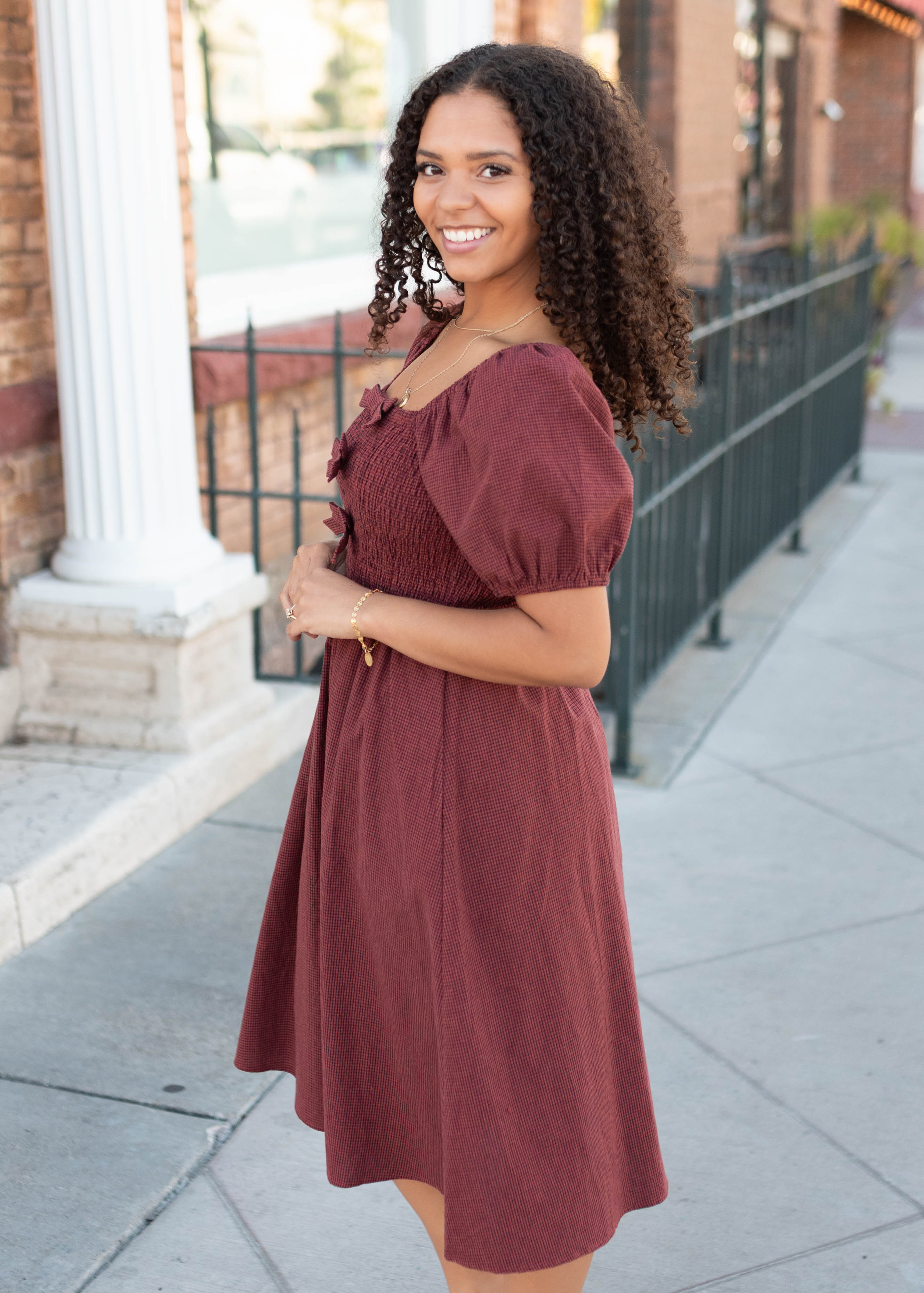 Cassidy Rust Gingham Bow Dress