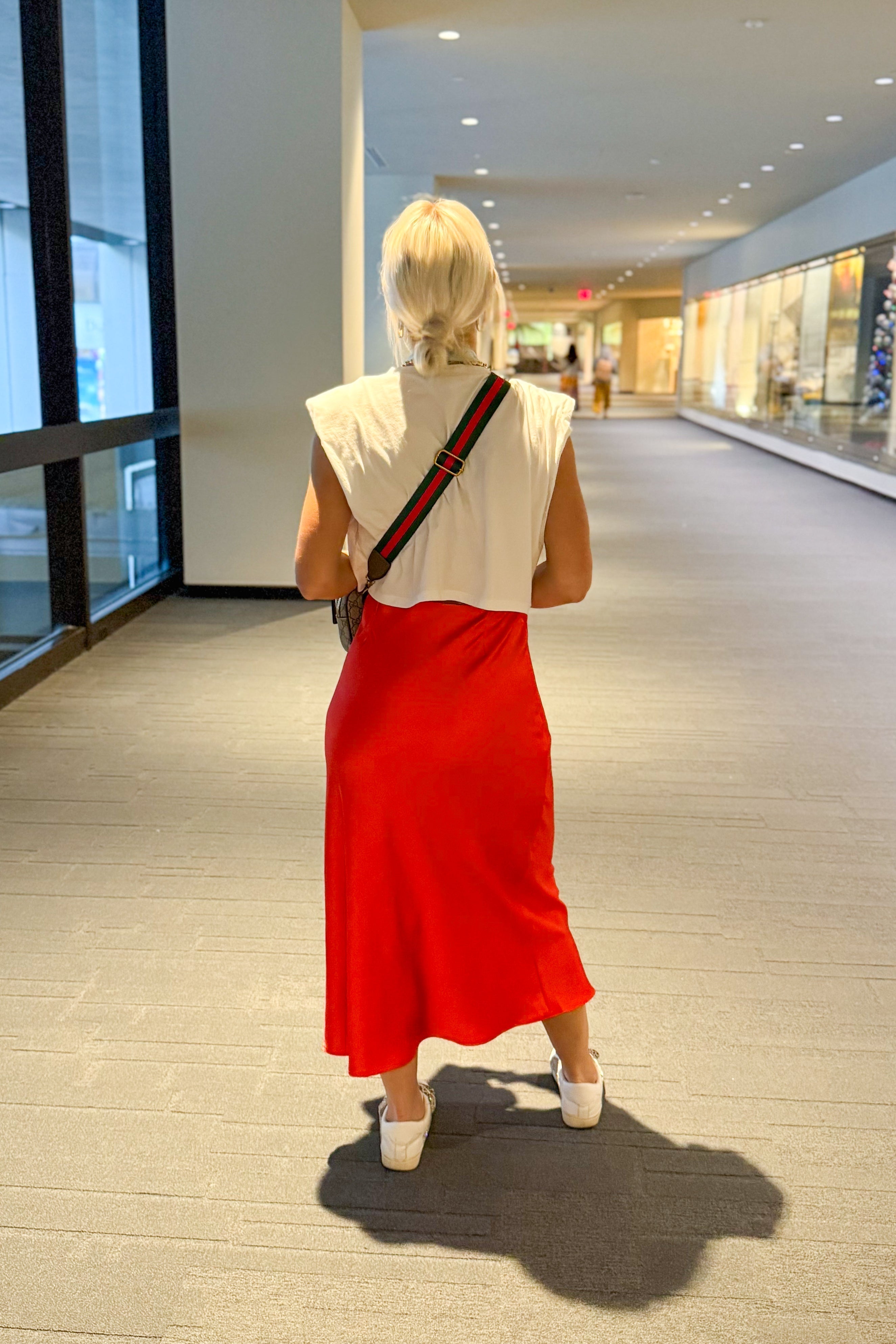 Tomato Red Satin Midi Skirt