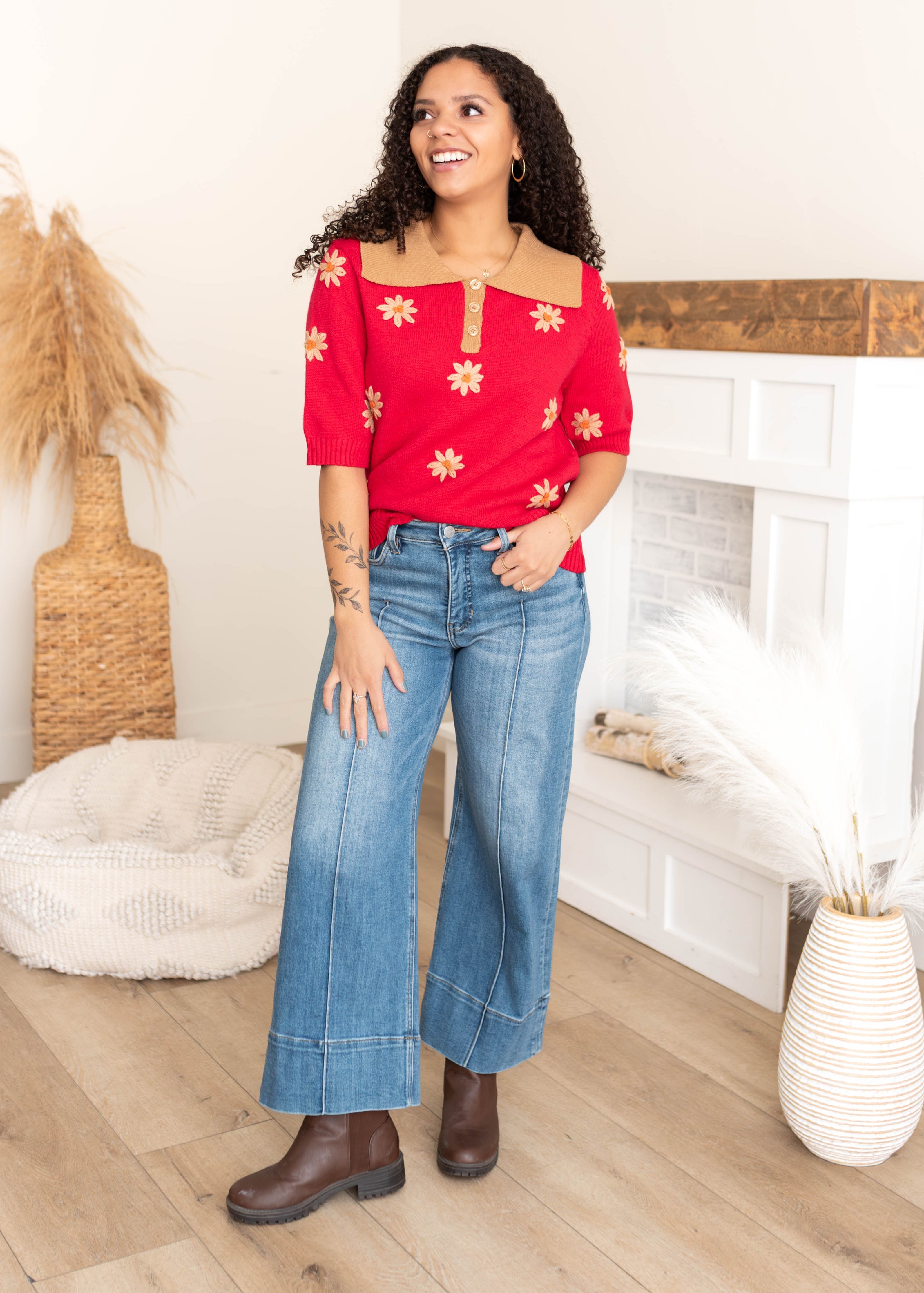 Danika Red Floral Collared Top