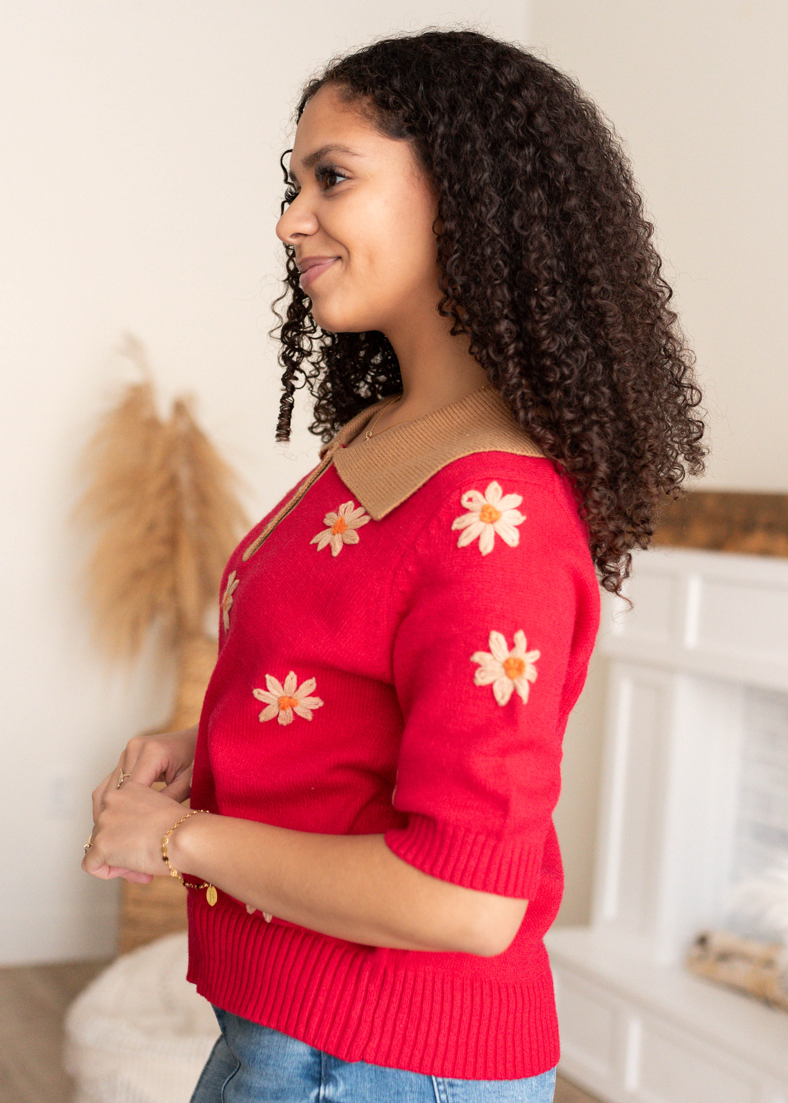 Danika Red Floral Collared Top