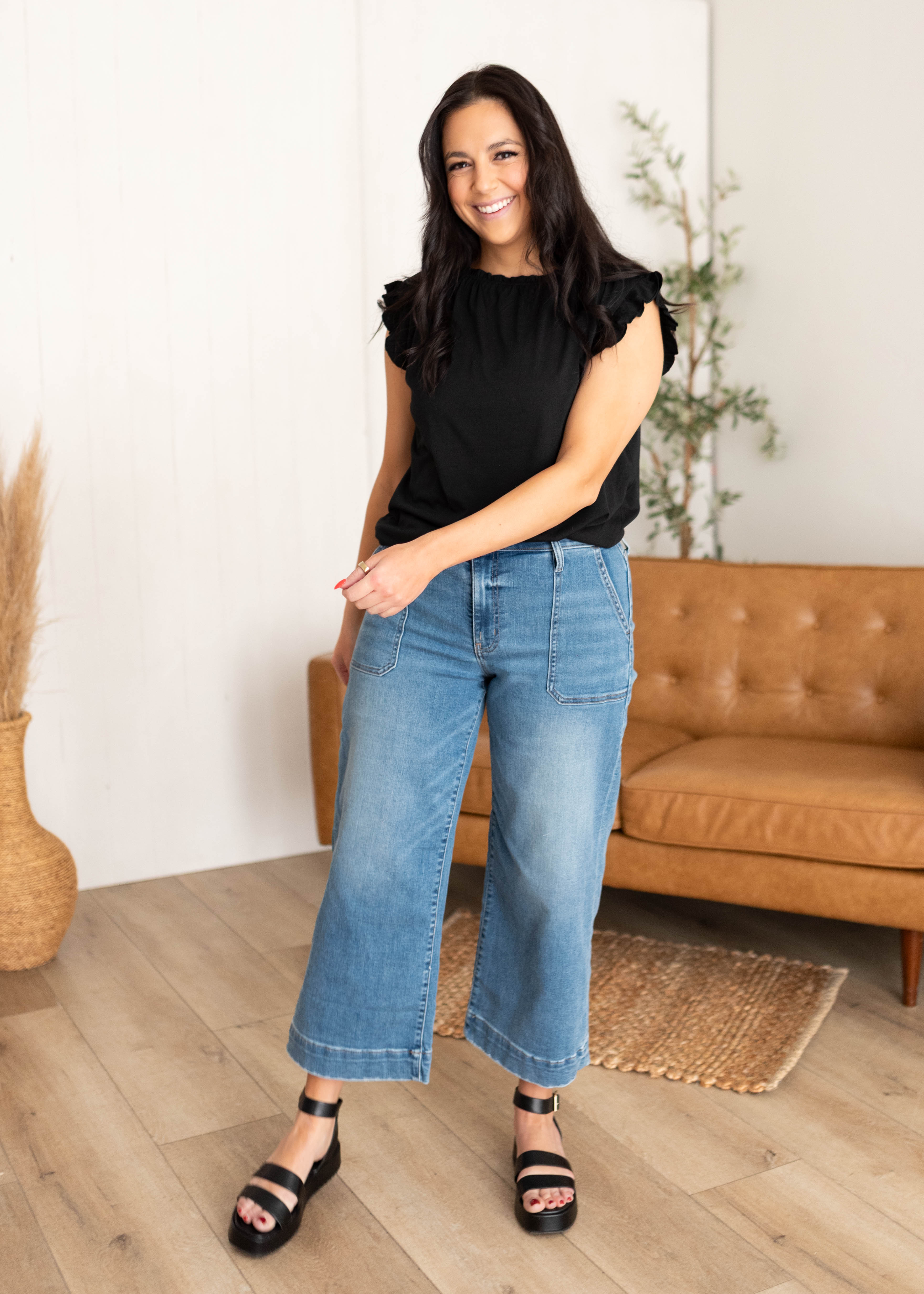 Elaine Black Ruffle Sleeve Top