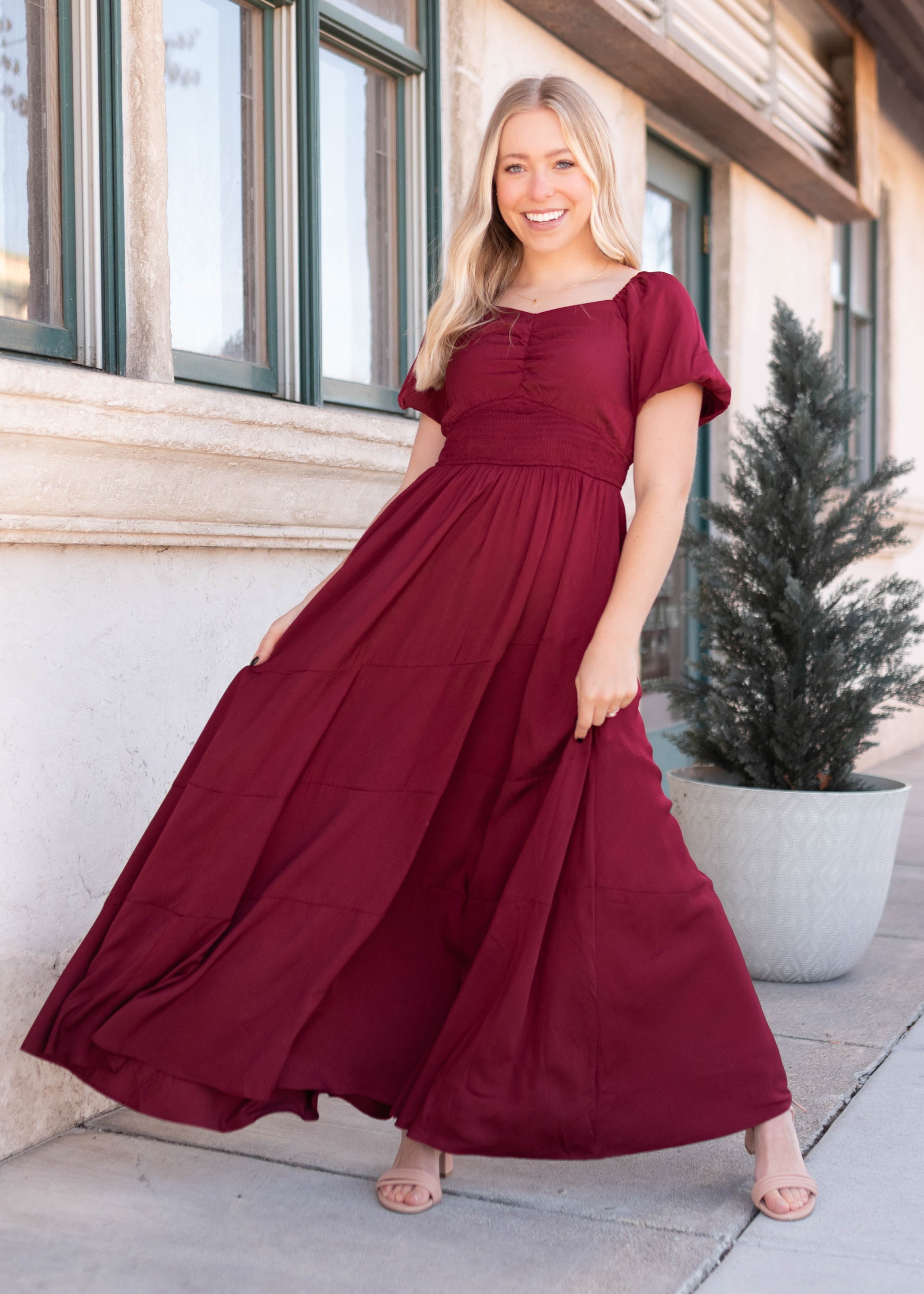 Elena Burgundy Smocked Dress