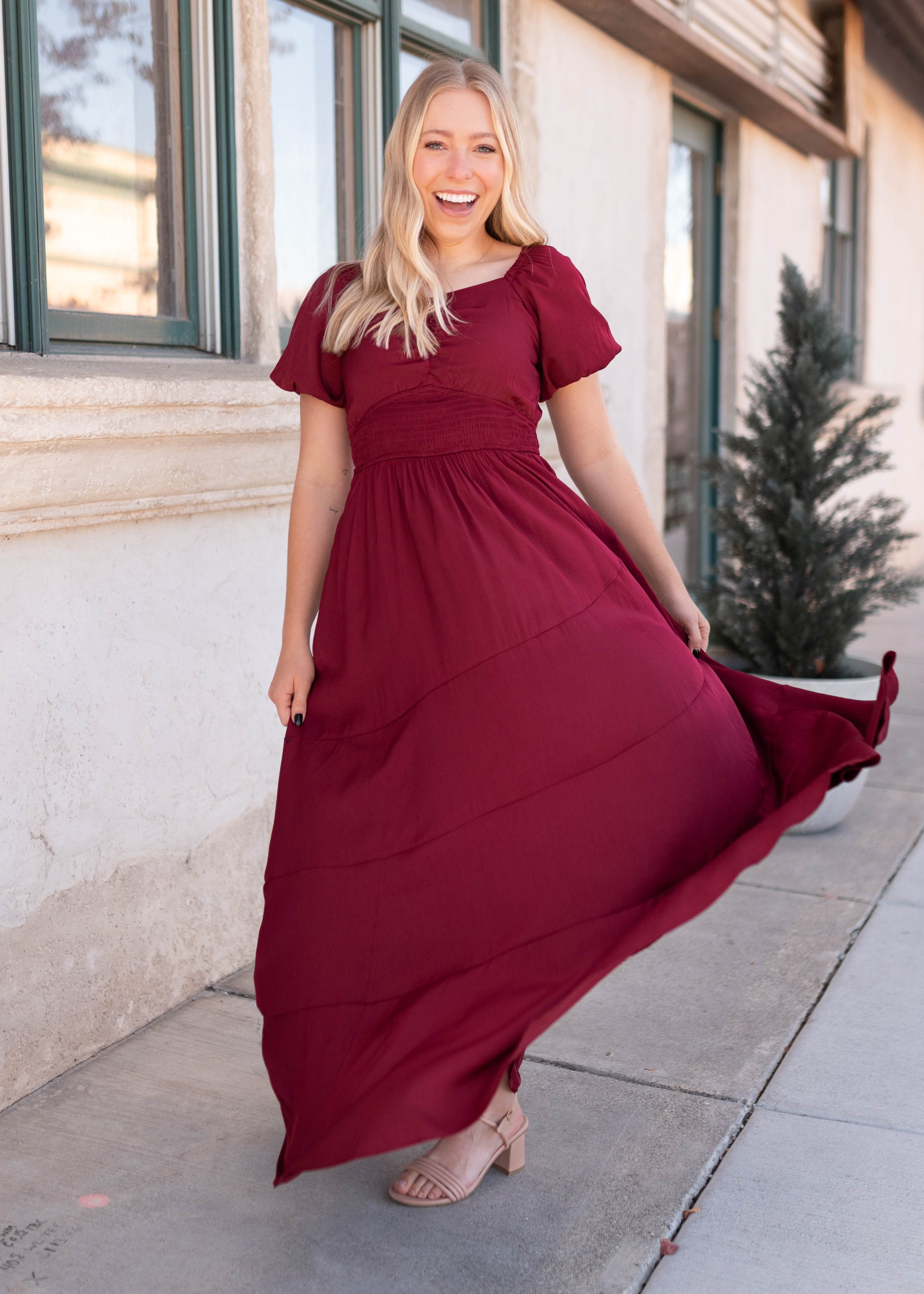 Elena Burgundy Smocked Dress