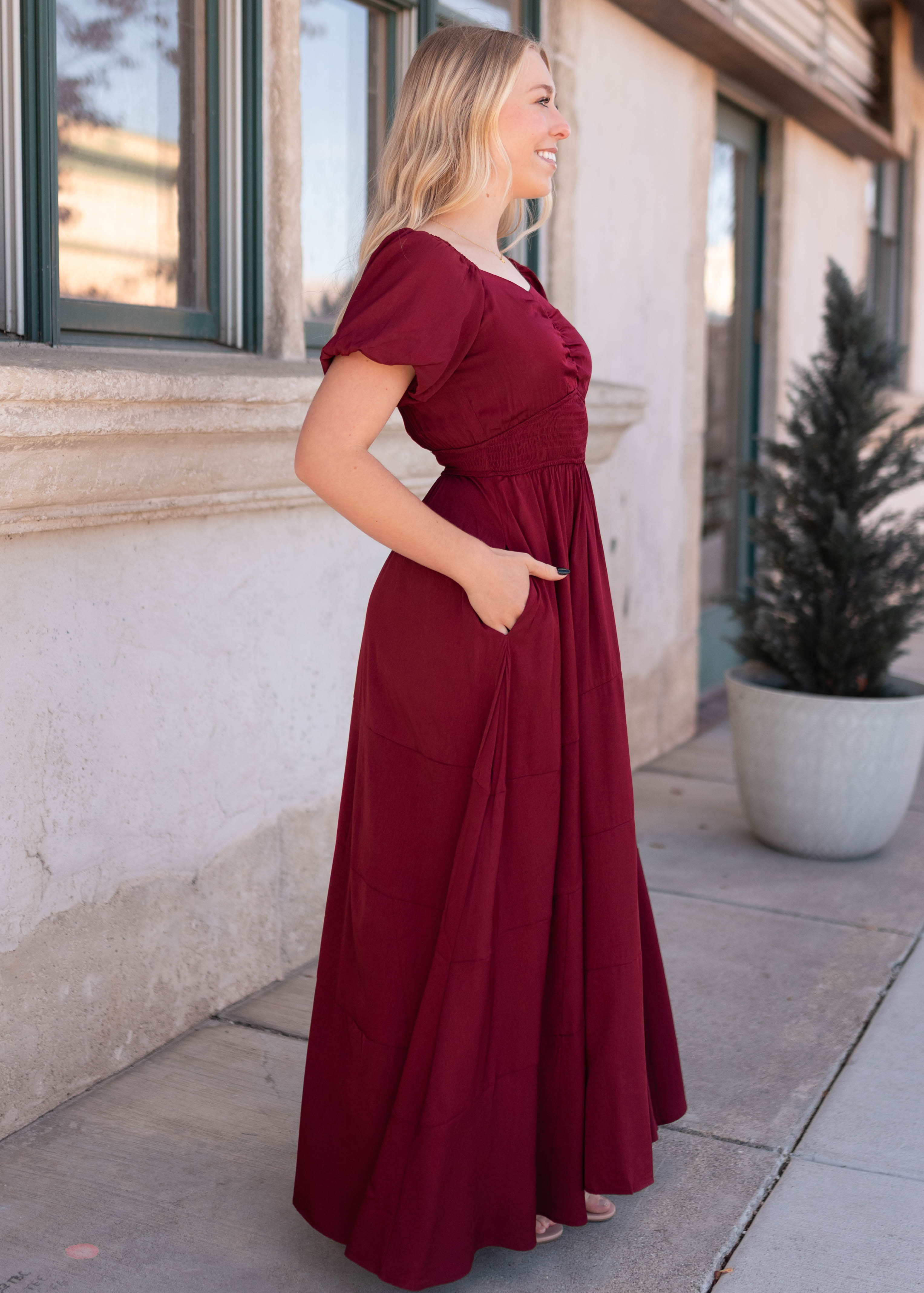 Elena Burgundy Smocked Dress
