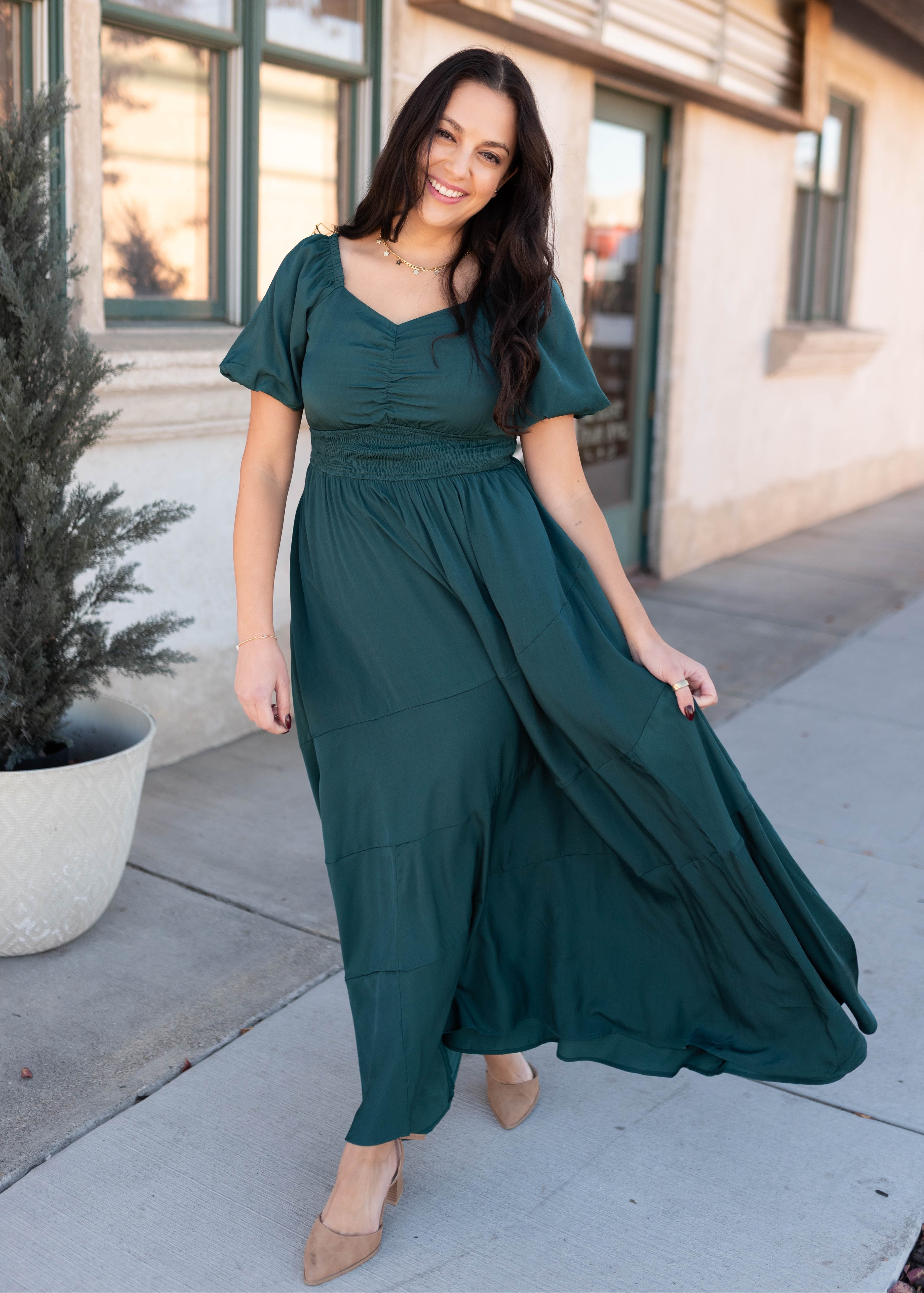 Elena Green Smocked Dress