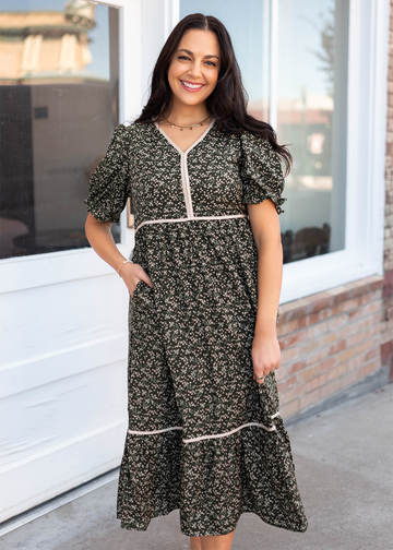 Eliana Dark Olive Floral Dress
