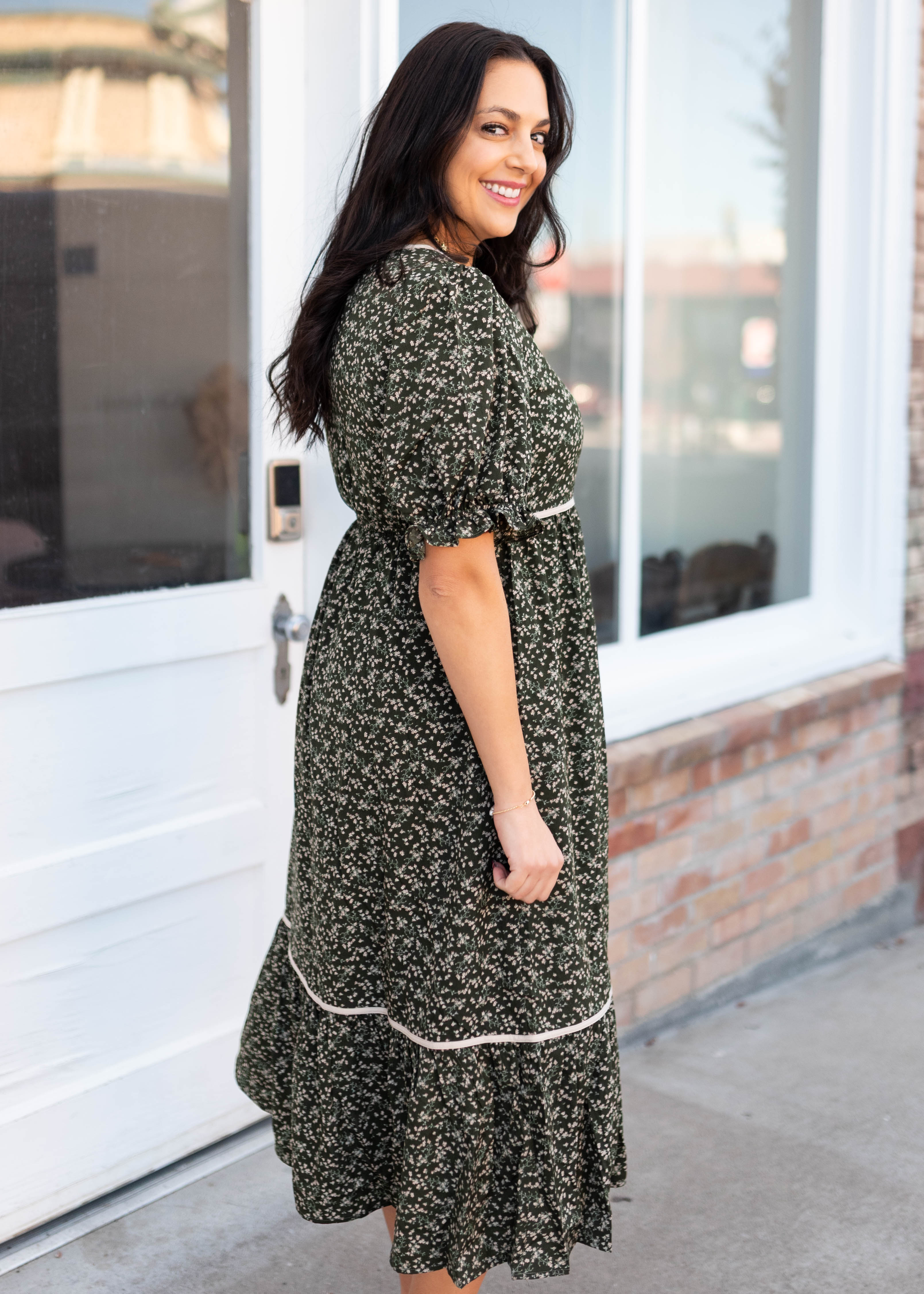 Eliana Dark Olive Floral Dress