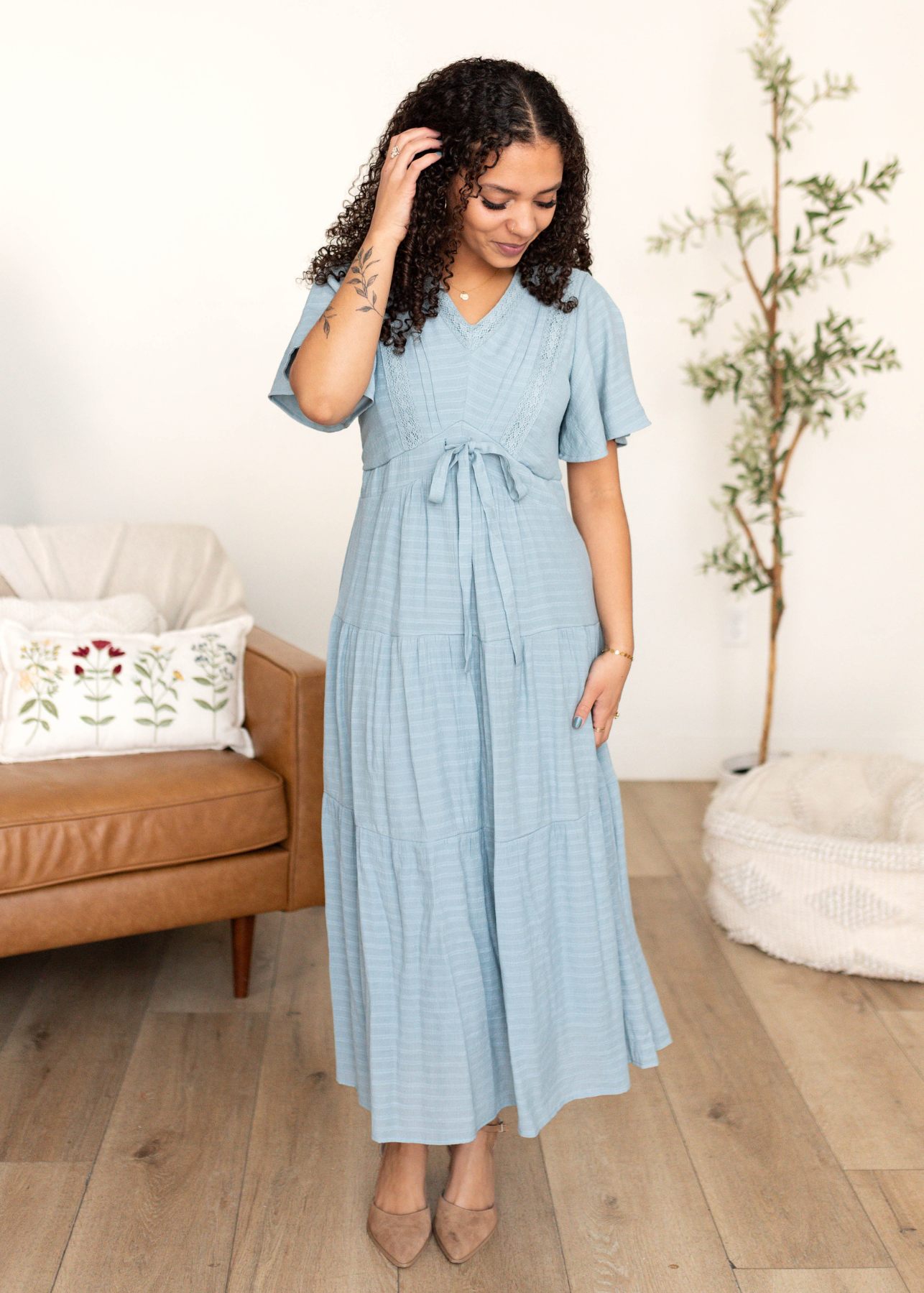 Emilee Dusty Blue Textured Tiered Dress