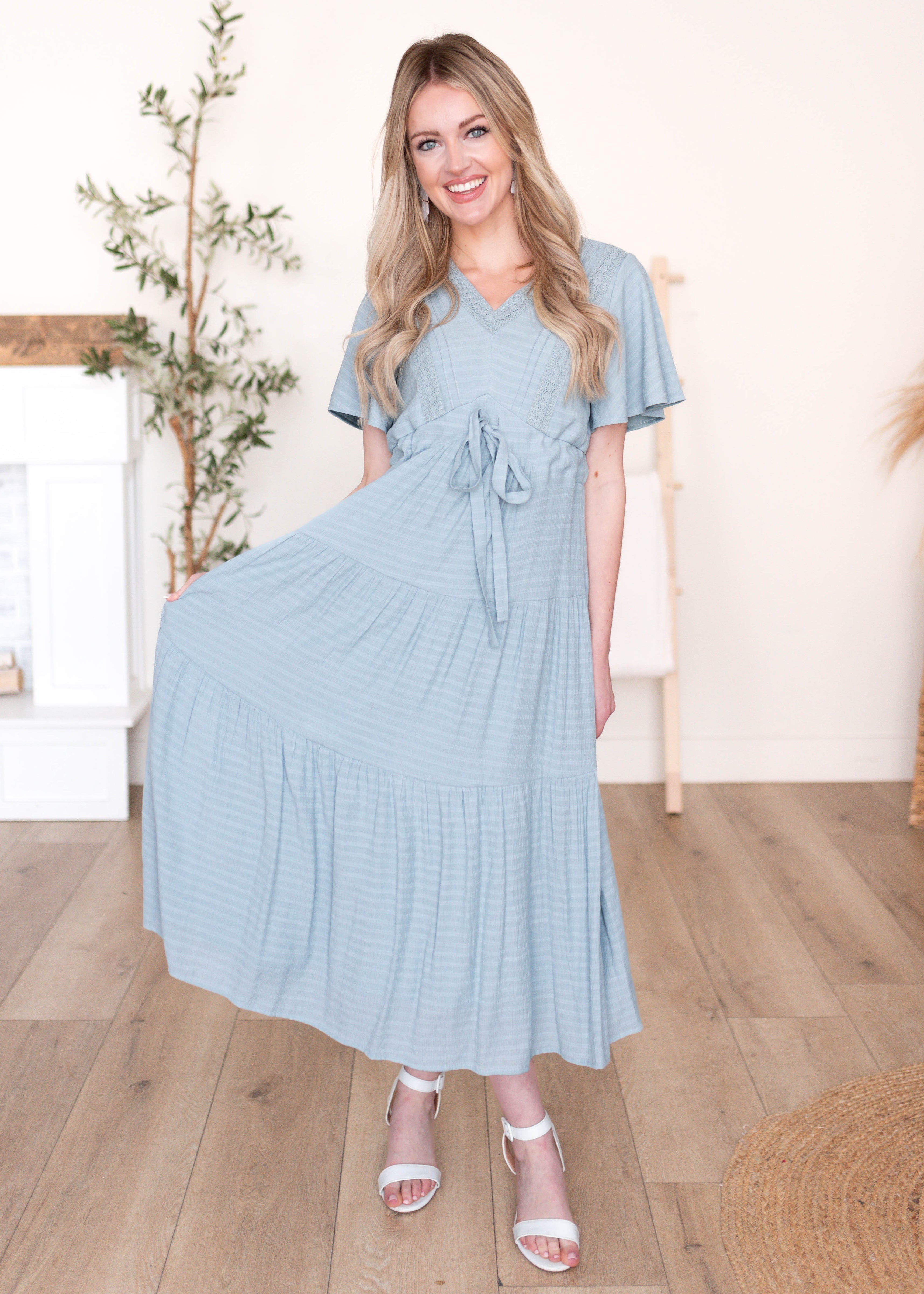 Emilee Dusty Blue Textured Tiered Dress