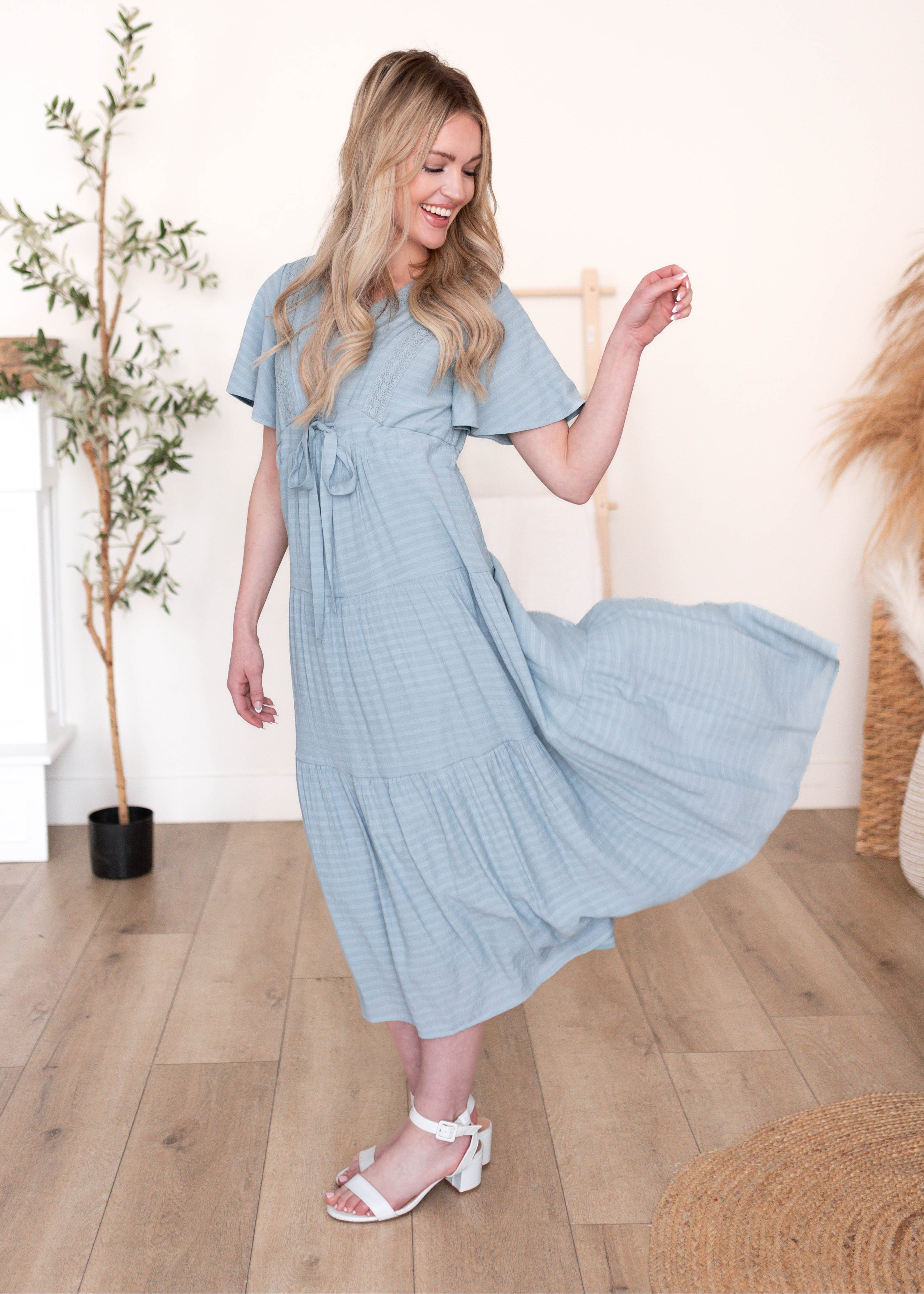 Emilee Dusty Blue Textured Tiered Dress