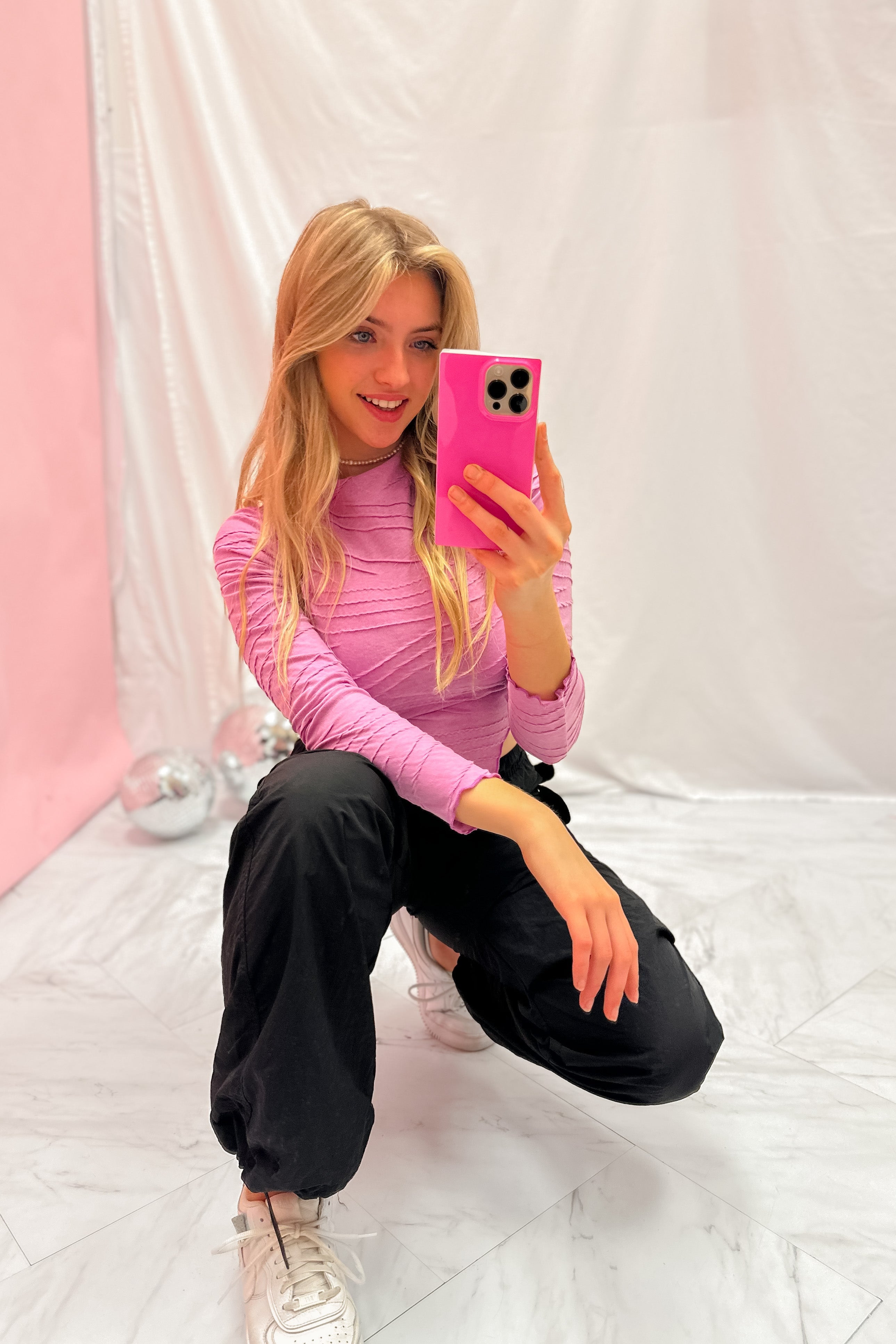 Purple Textured Long Sleeve Mock Neck Top
