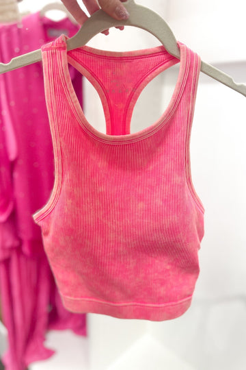 Hot Pink Acid Wash Racer Back Ribbed Tank Top