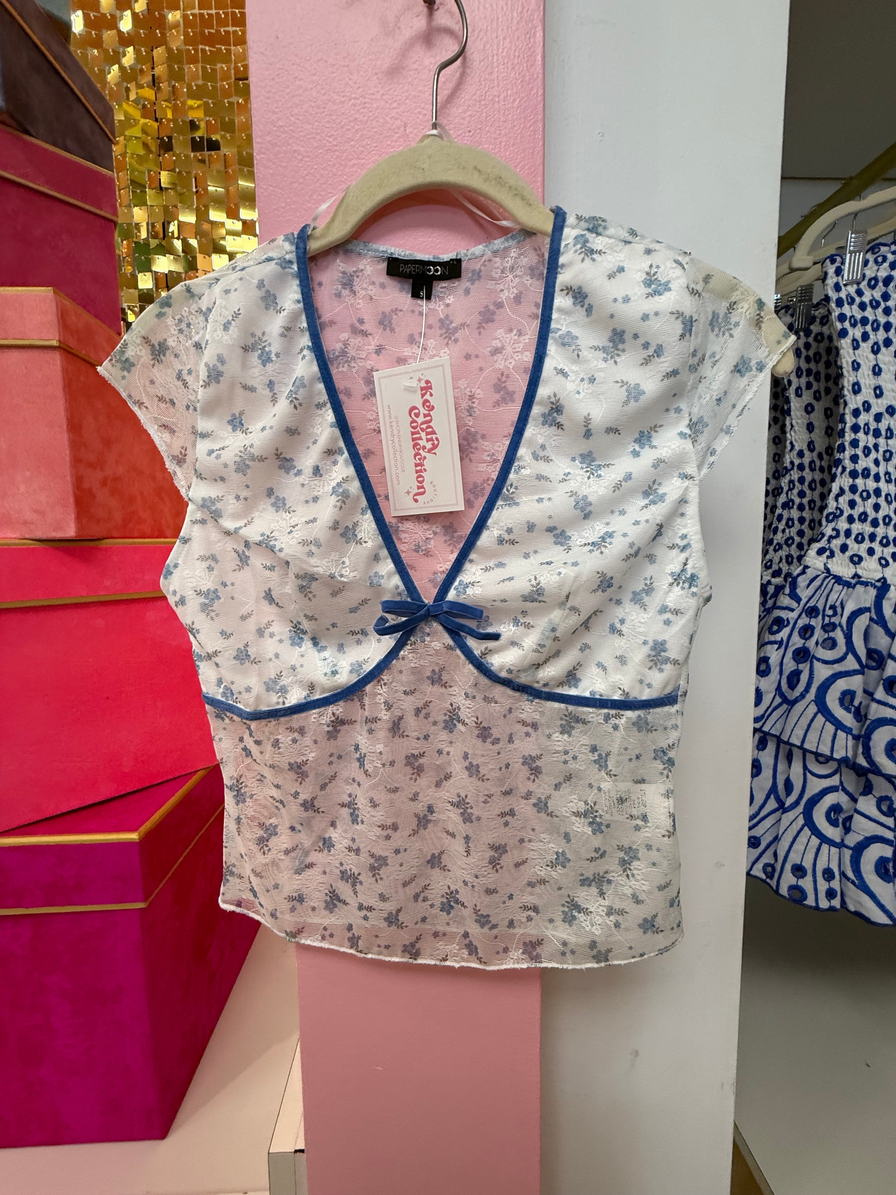 Blue and White Floral Mesh Tee