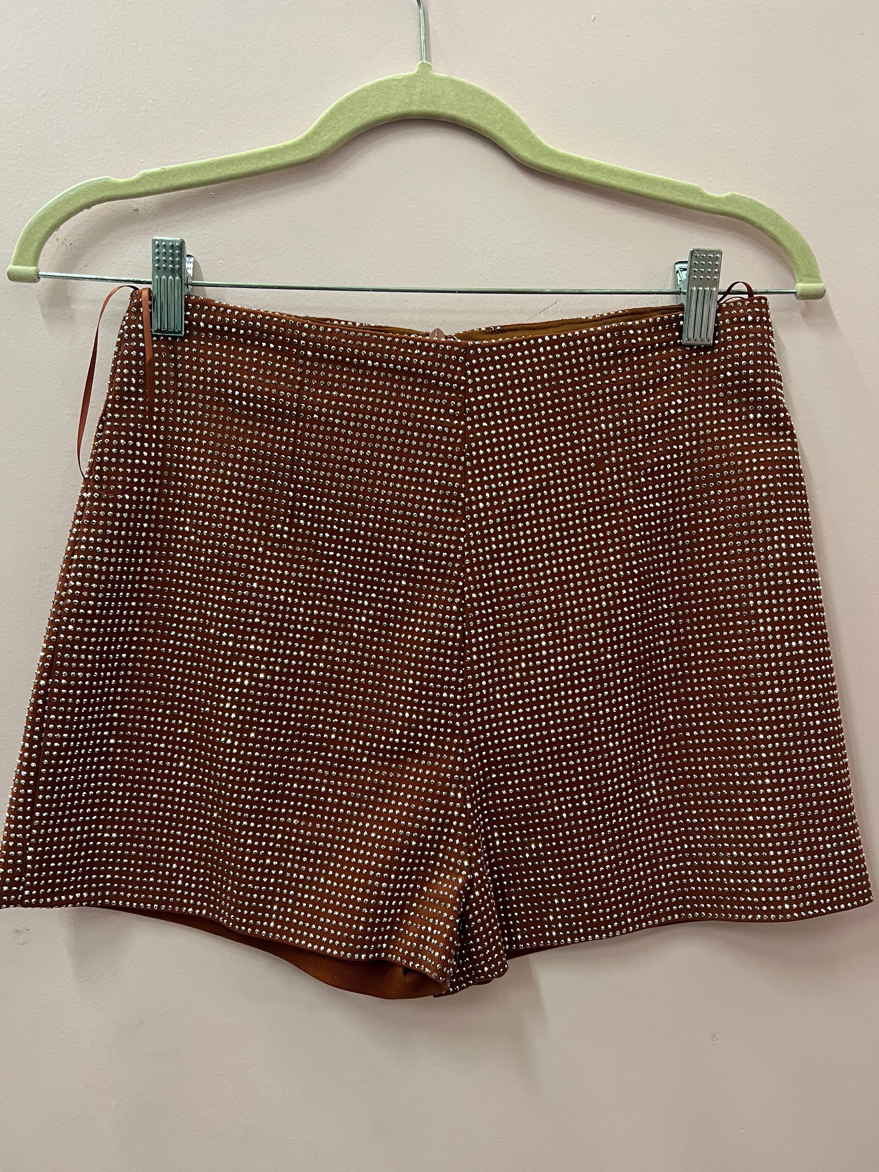 Brown Rhinestone Zip Shorts