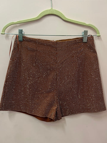 Brown Rhinestone Zip Shorts