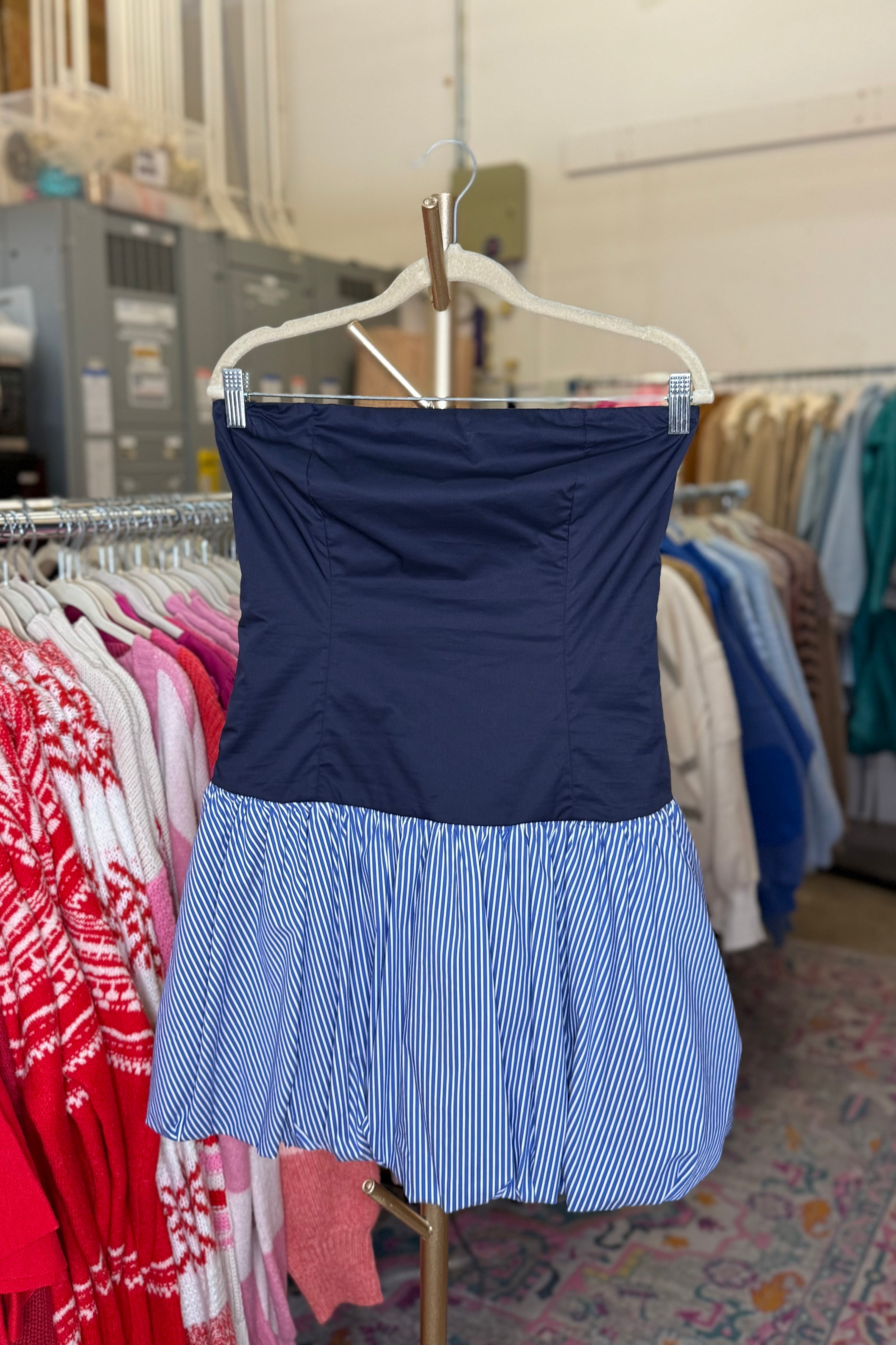 Navy Blue and Pin Striped Bubble Hem Mini Tube Dress