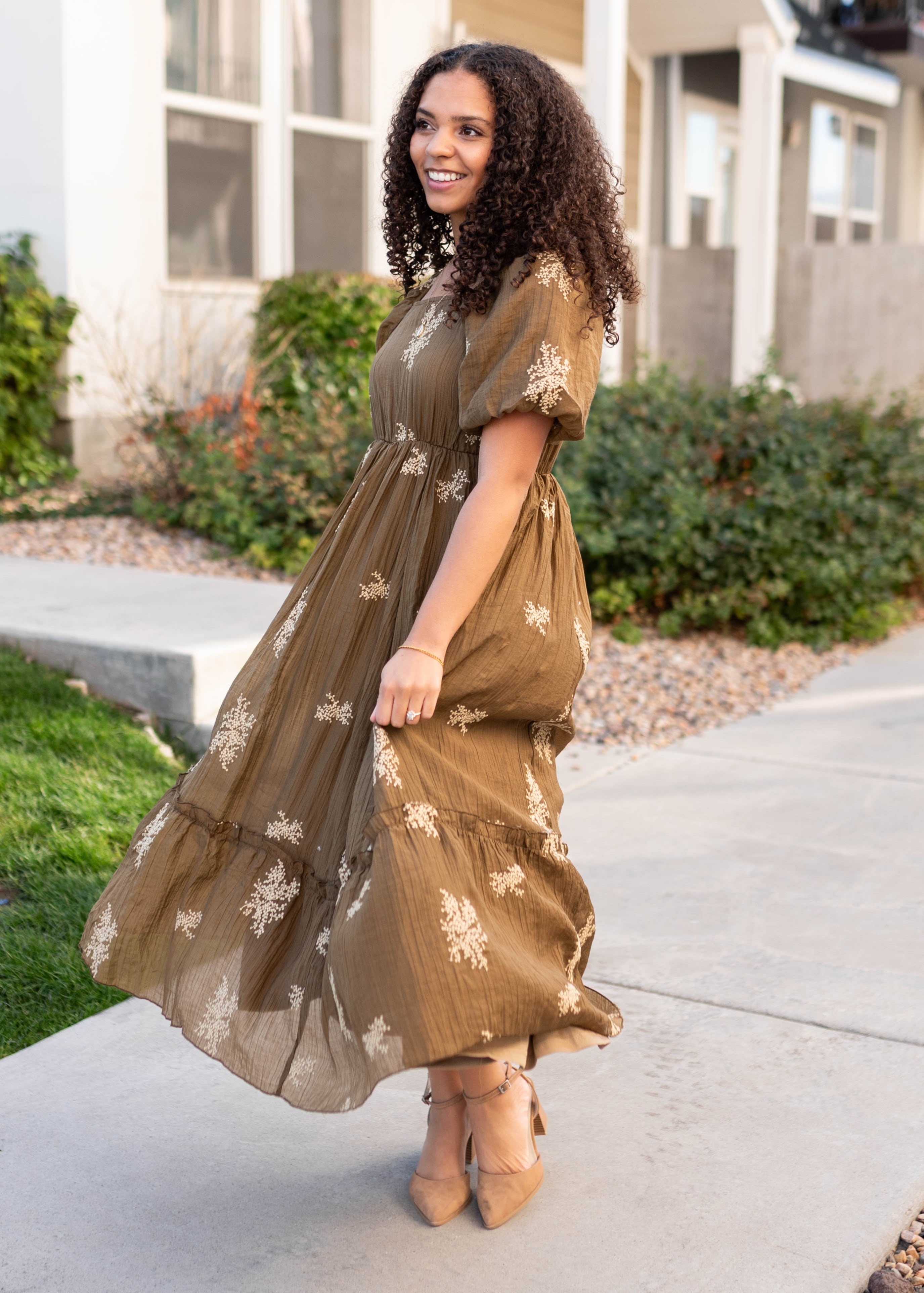 Jacie Khaki Embroidered Dress