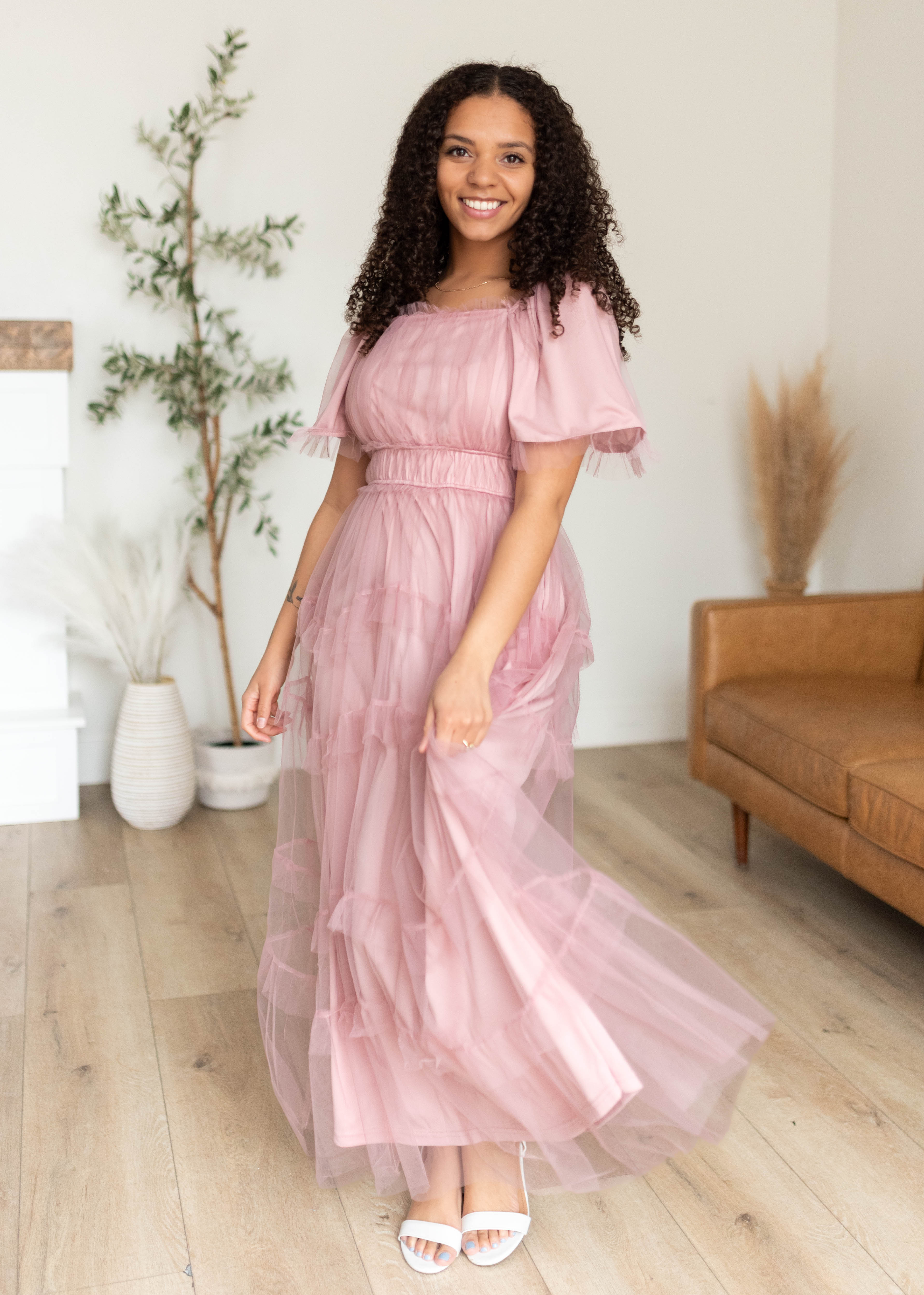 Kamryn Pink Mesh Tiered Dress