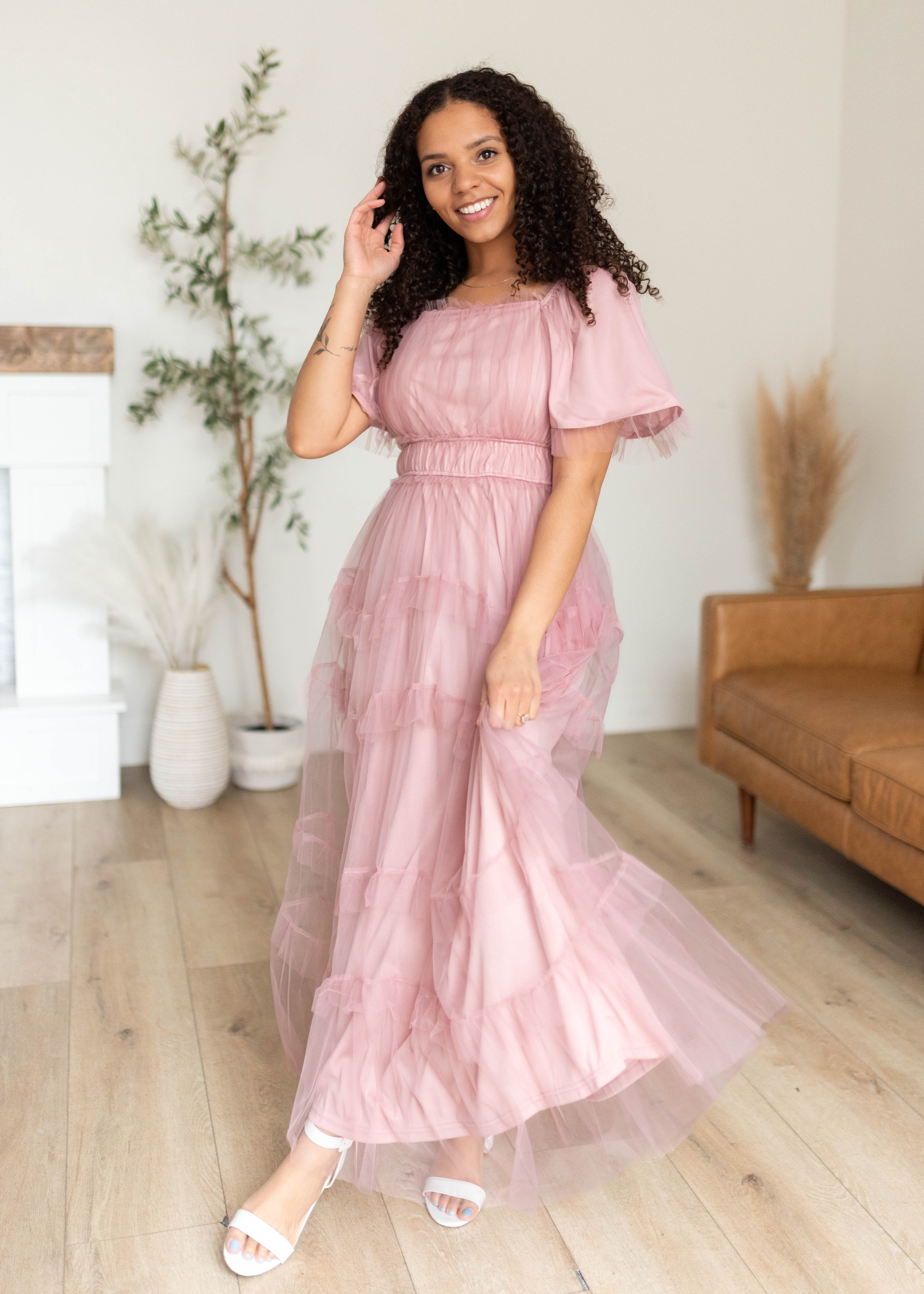 Kamryn Pink Mesh Tiered Dress