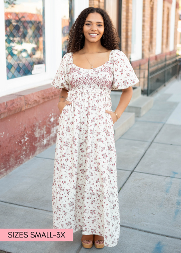 Lauren Beige Floral Smocked Dress