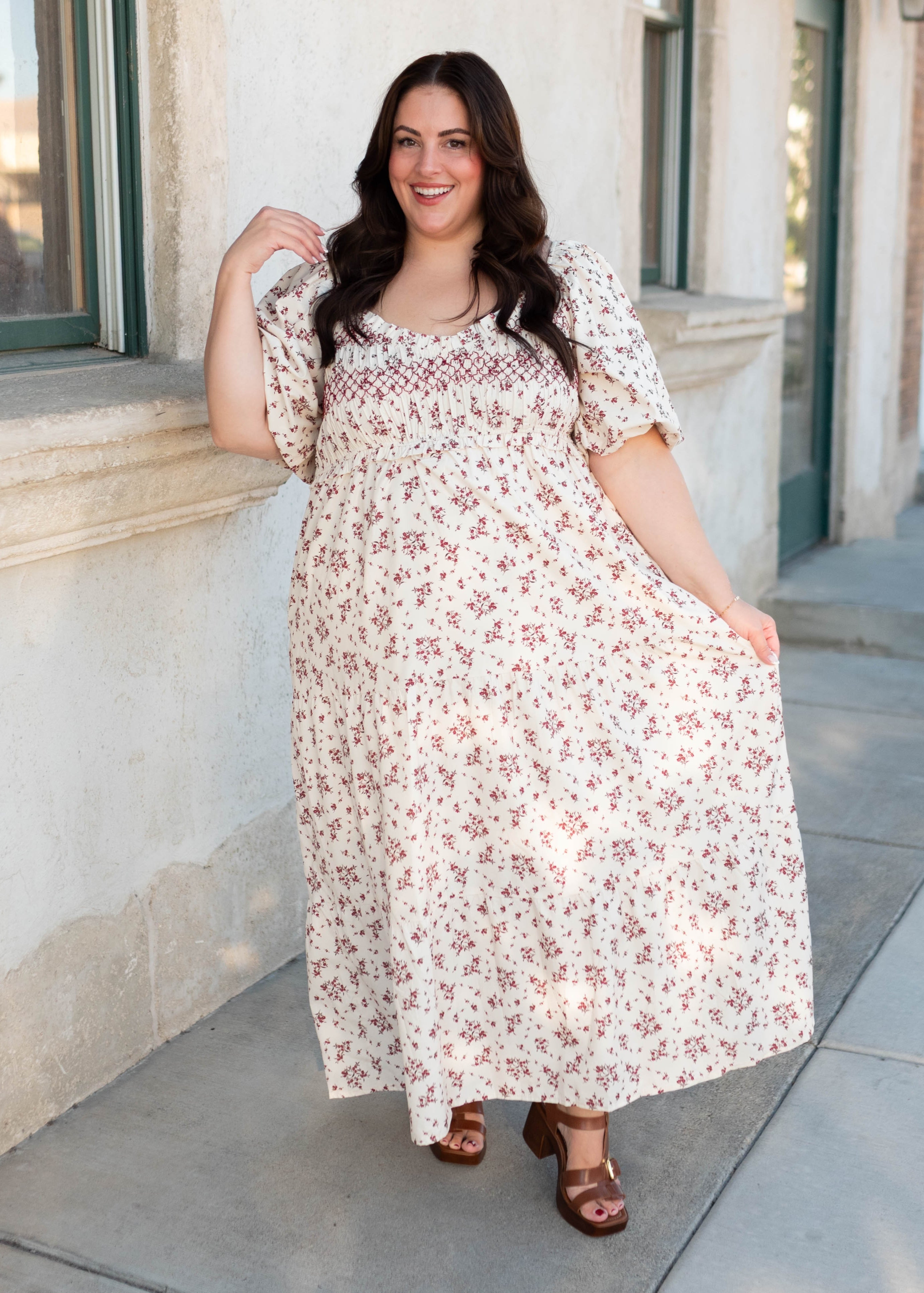 Lauren Beige Floral Smocked Dress