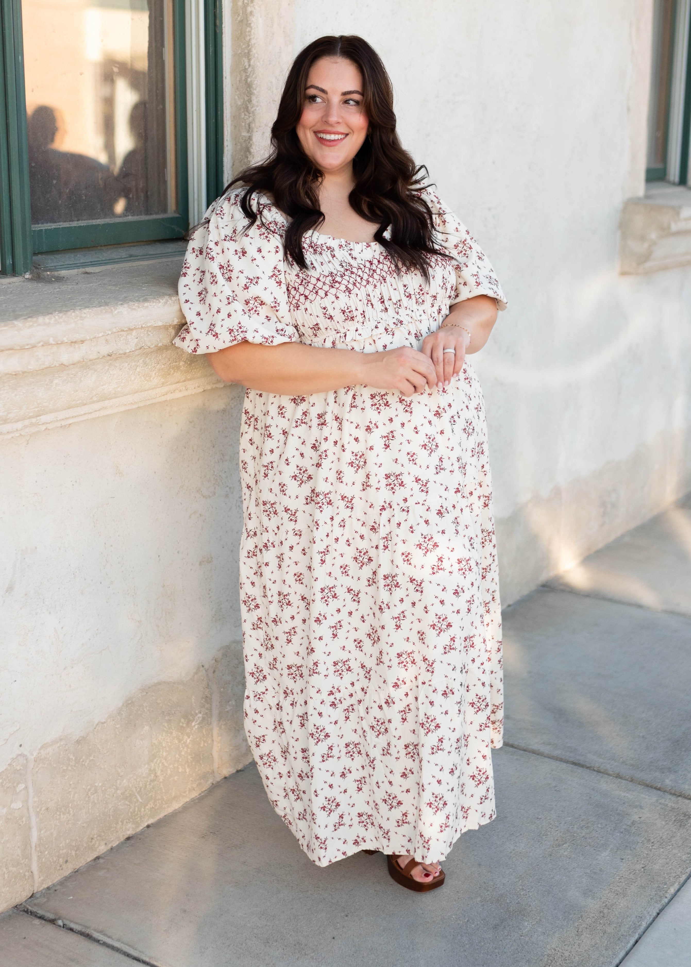 Lauren Beige Floral Smocked Dress