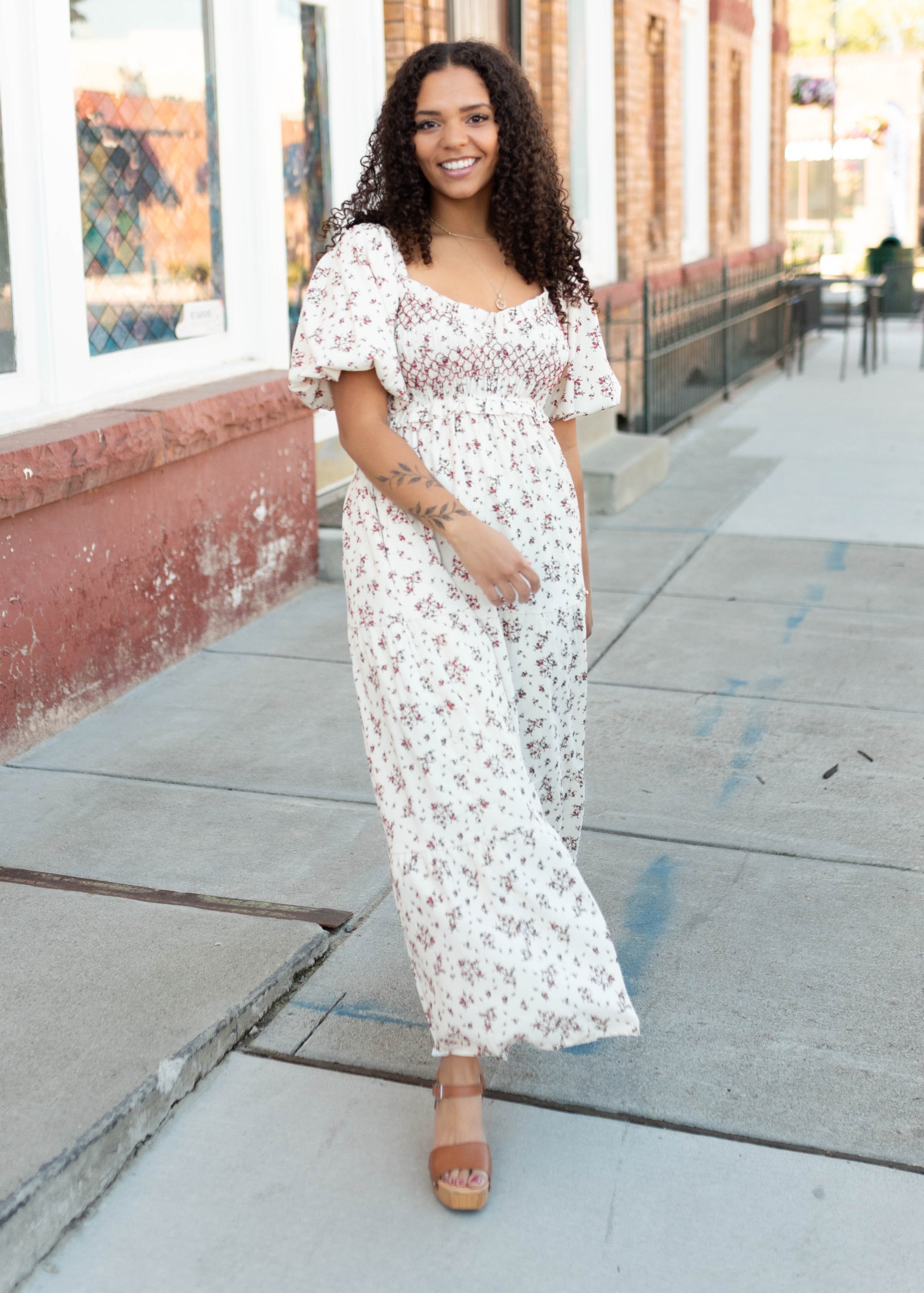 Lauren Beige Floral Smocked Dress