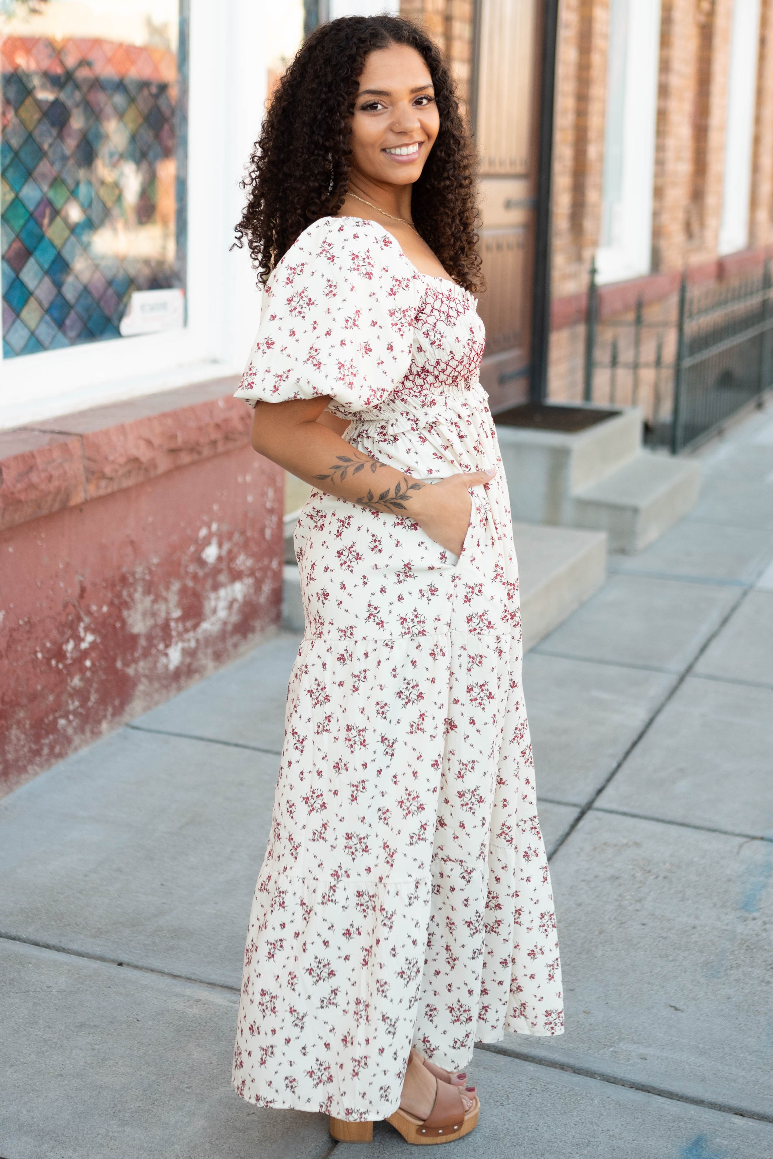 Lauren Beige Floral Smocked Dress
